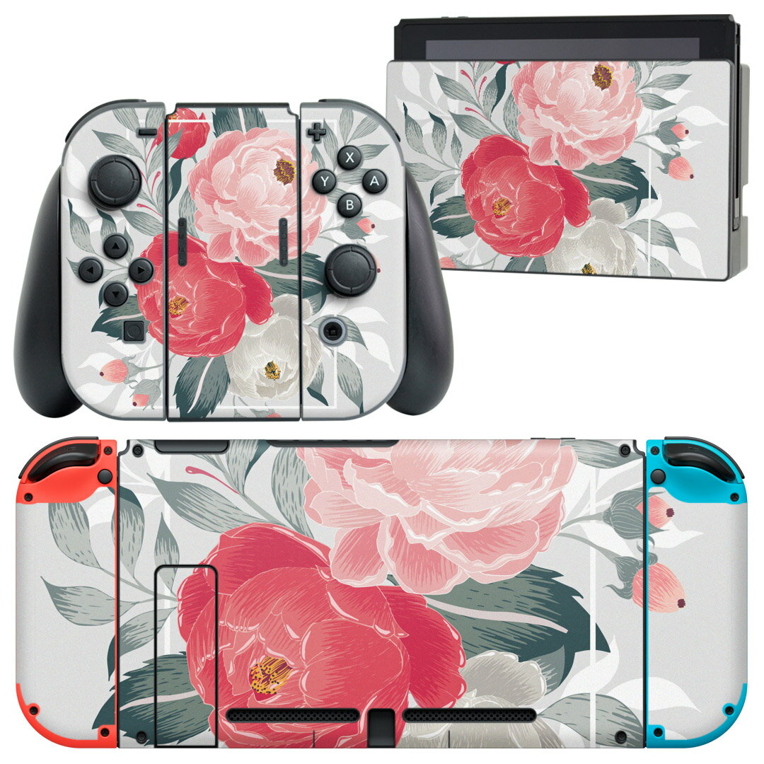 igsticker Nintendo Switch 用 デザインスキンシール 任天堂 ニンテンドー スイッチ 専用 本体ドック Joy-Con Joycon ジョイコン 専用 ゲーム機 カバー アクセサリー フィルム ステッカー 013917 花 ピンク
