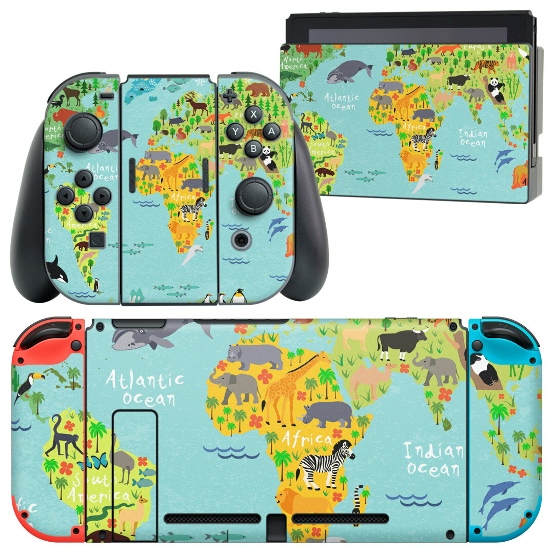 igsticker Nintendo Switch 用 デザインスキンシール 任天堂 ニンテンドー スイッチ 専用 本体ドック Joy-Con Joycon ジョイコン 専用 ゲーム機 カバー アクセサリー フィルム ステッカー 014138 世界地図　動物