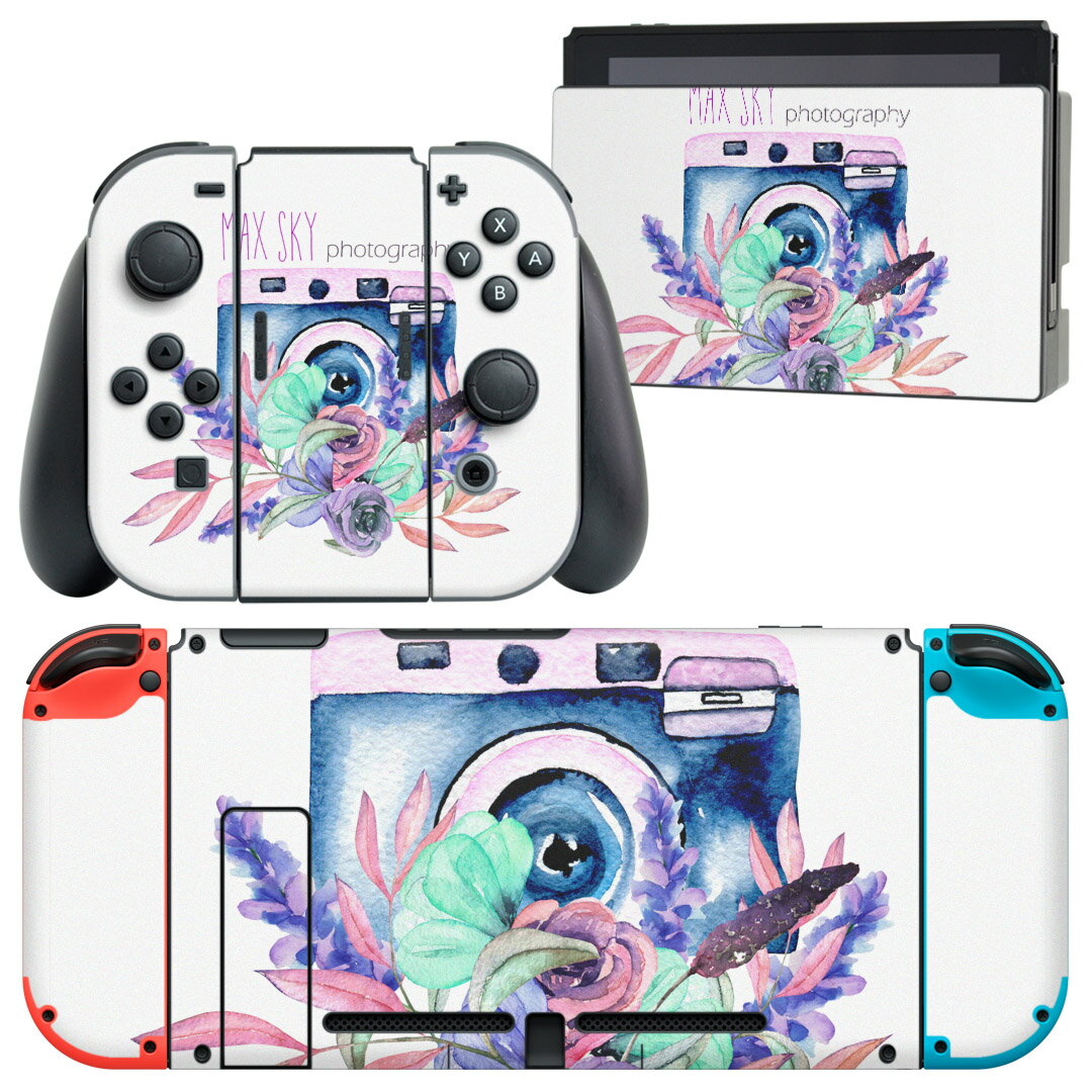 igsticker Nintendo Switch 用 デザインスキンシール 任天堂 ニンテンドー スイッチ 専用 本体ドック Joy-Con Joycon ジョイコン 専用 ゲーム機 カバー アクセサリー フィルム ステッカー 014339 カメラ 花 パステル