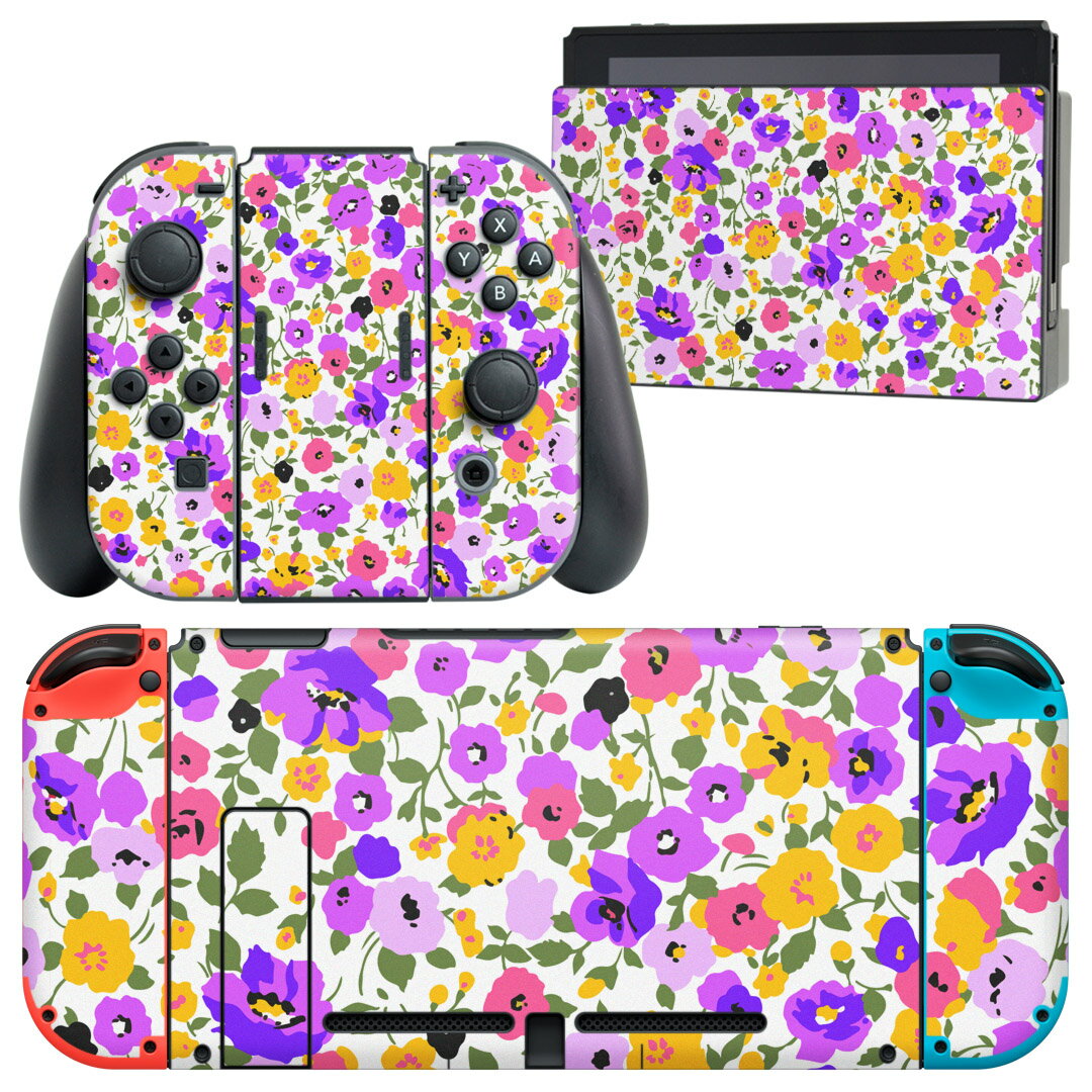 igsticker Nintendo Switch 用 デザインスキンシール 任天堂 ニンテンドー スイッチ 専用 本体ドック Joy-Con Joycon ジョイコン 専用 ゲーム機 カバー アクセサリー フィルム ステッカー 014439 小花柄 カラフル 花