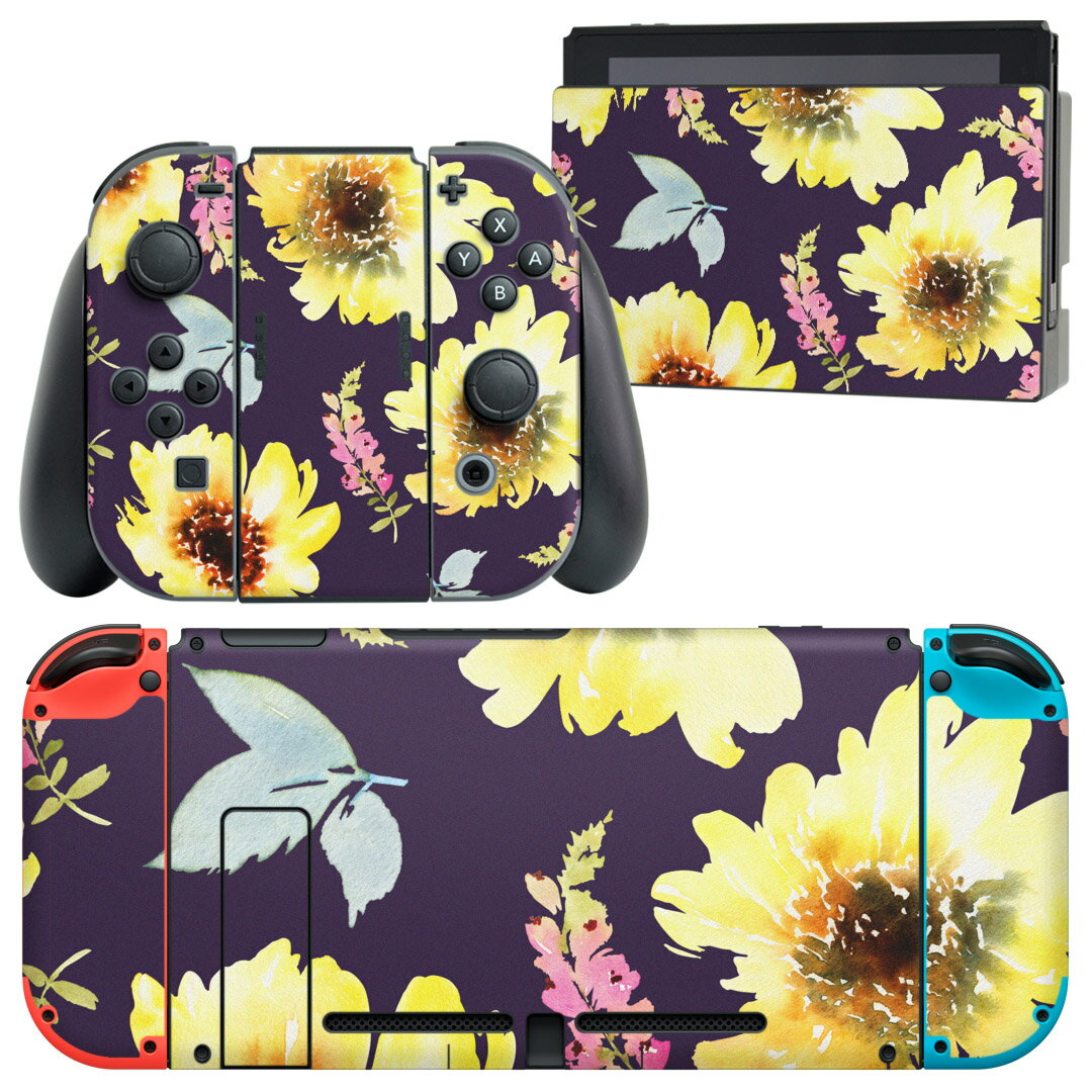 igsticker Nintendo Switch 用 デザインスキンシール 任天堂 ニンテンドー スイッチ 専用 本体ドック Joy-Con Joycon ジョイコン 専用 ゲーム機 カバー アクセサリー フィルム ステッカー 014533 花 黄色