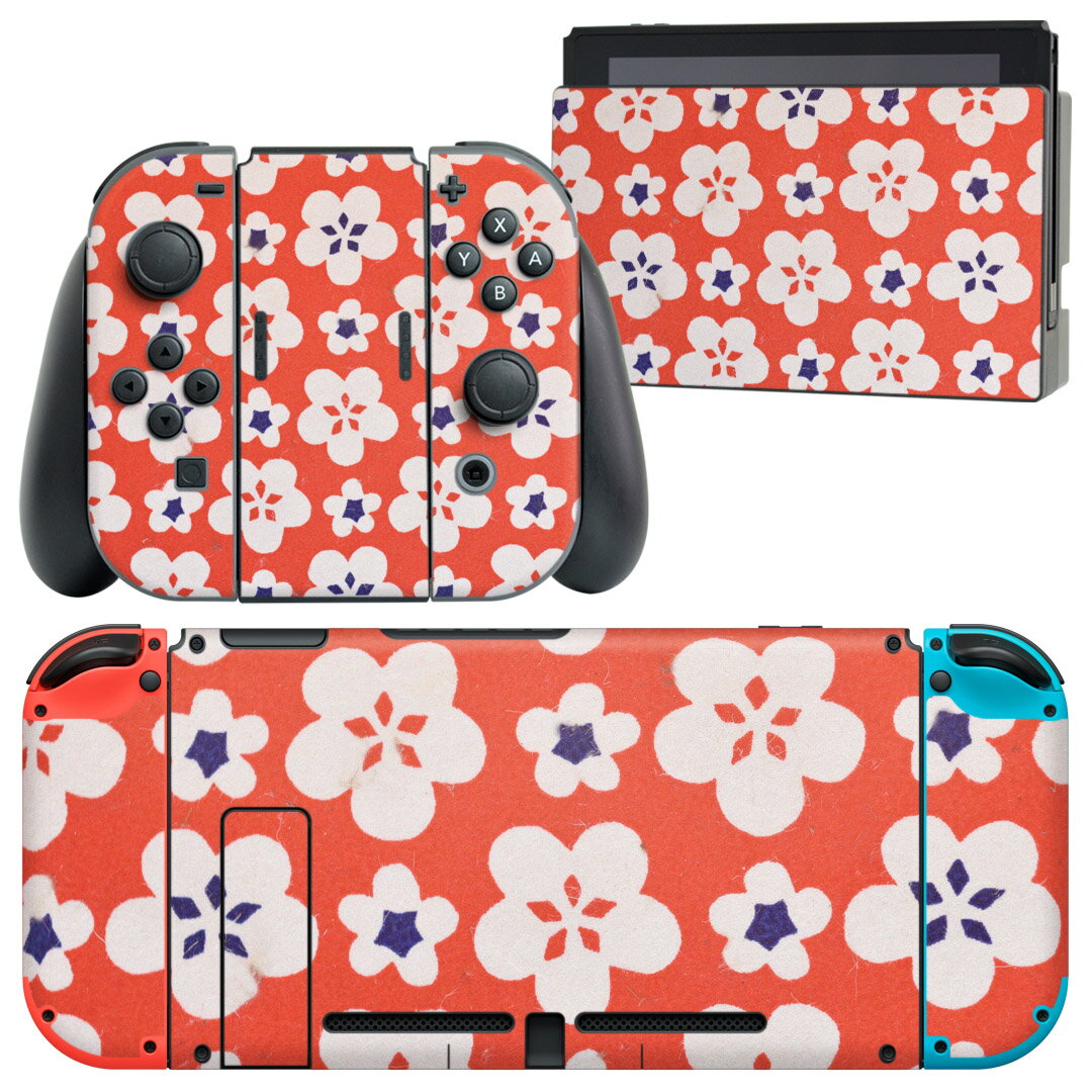 igsticker Nintendo Switch 用 デザインスキンシール 任天堂 ニンテンドー スイッチ 専用 本体ドック Joy-Con Joycon ジョイコン 専用 ゲーム機 カバー アクセサリー フィルム ステッカー 014535 小花柄　赤　レトロ