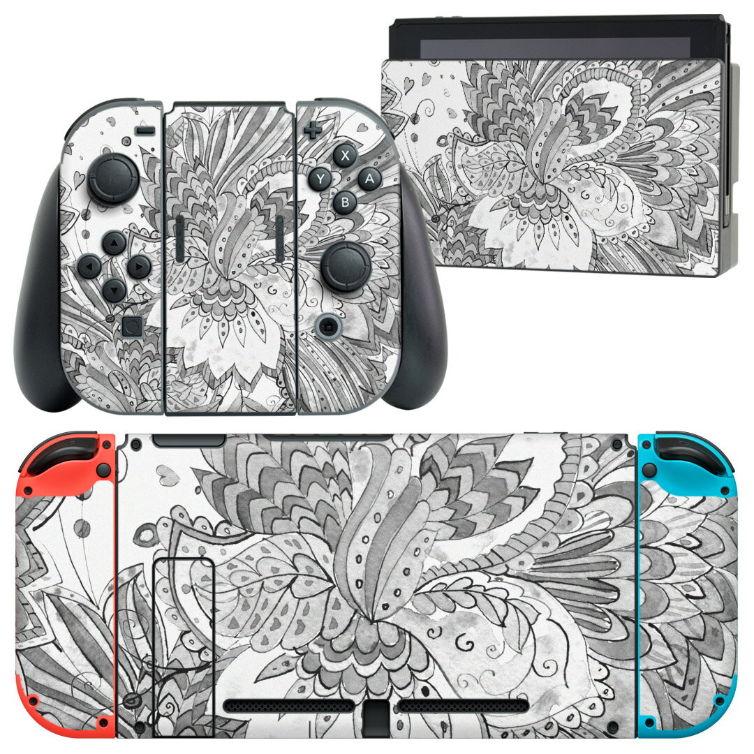 igsticker Nintendo Switch 用 デザインスキンシール 任天堂 ニンテンドー スイッチ 専用 本体ドック Joy-Con Joycon ジョイコン 専用 ゲーム機 カバー アクセサリー フィルム ステッカー 014551 植物 アジアン モノクロ