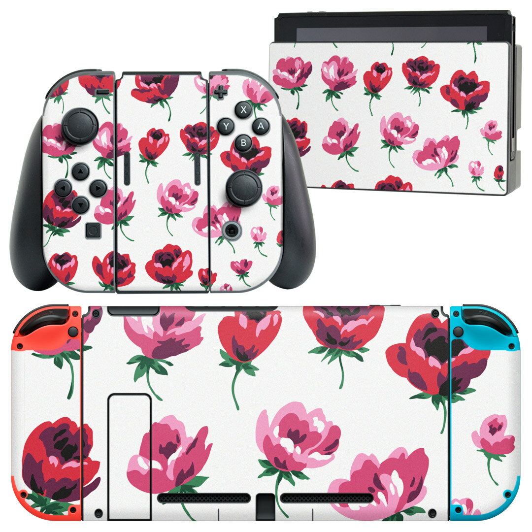 igsticker Nintendo Switch 用 デザインスキンシール 任天堂 ニンテンドー スイッチ 専用 本体ドック Joy-Con Joycon ジョイコン 専用 ゲーム機 カバー アクセサリー フィルム ステッカー 014642 花　　ピンク