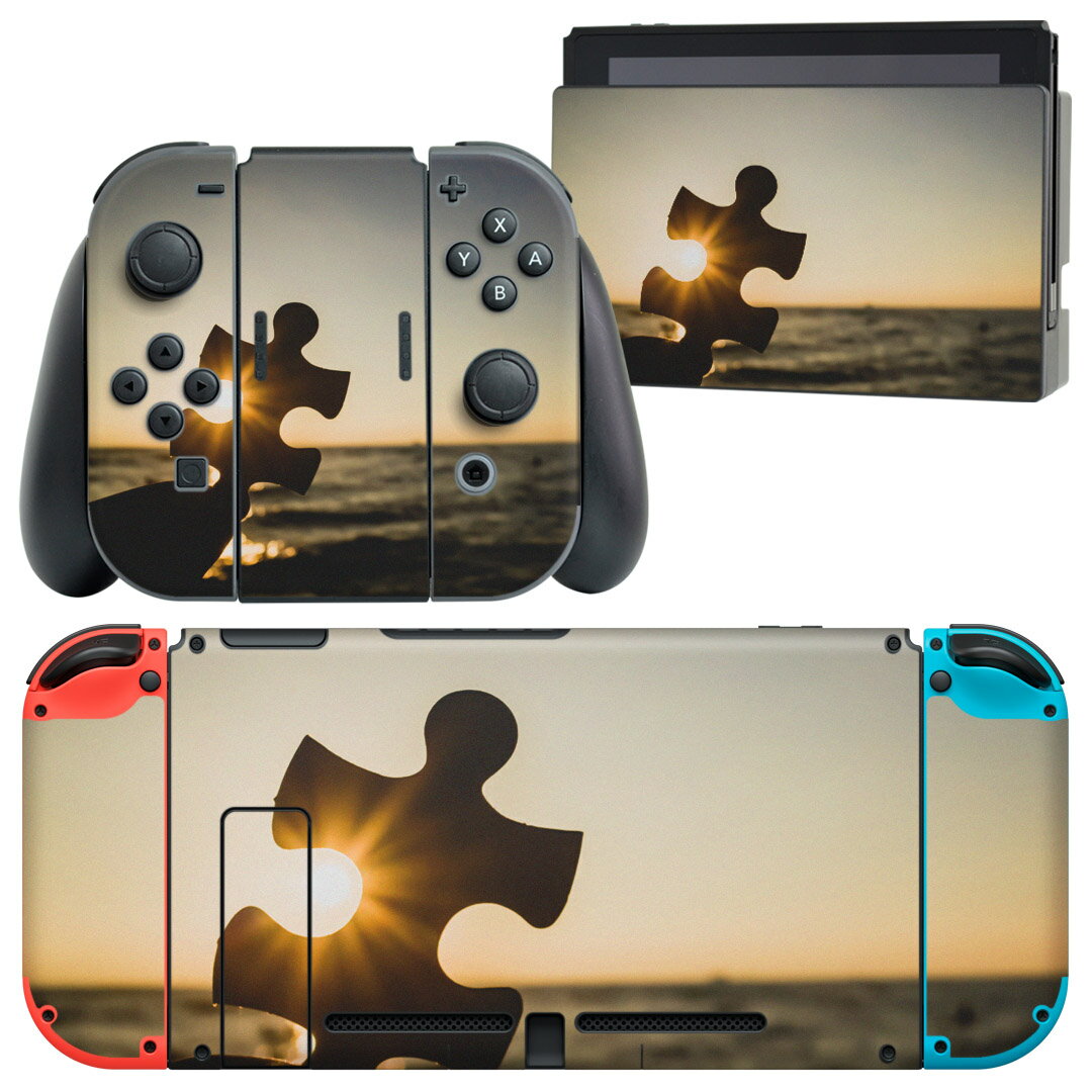 igsticker Nintendo Switch 用 デザインスキンシール 任天堂 ニンテンドー スイッチ 専用 本体ドック Joy-Con Joycon ジョイコン 専用 ゲーム機 カバー アクセサリー フィルム ステッカー 014654 パズル　夕日　海