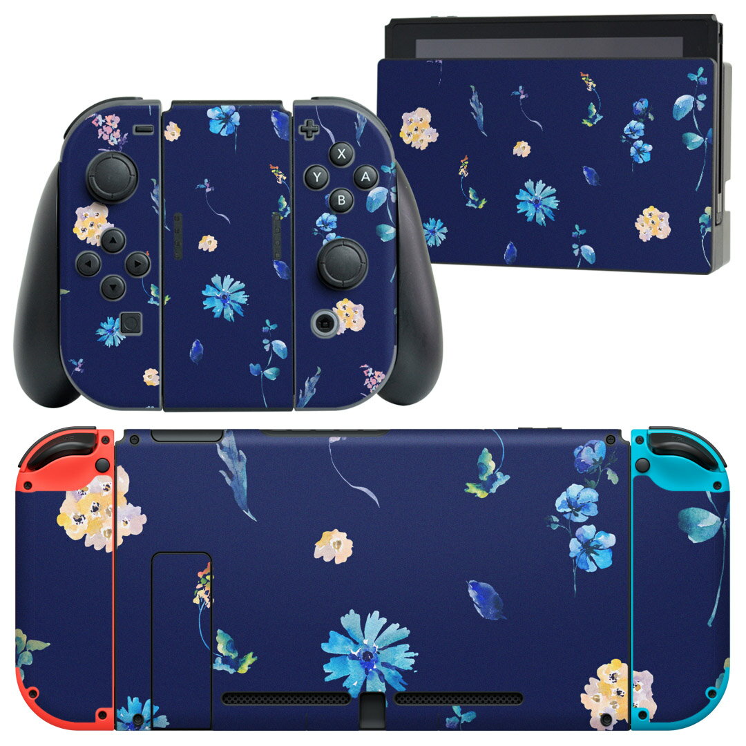 igsticker Nintendo Switch 用 デザインスキンシール 任天堂 ニンテンドー スイッチ 専用 本体ドック Joy-Con Joycon ジョイコン 専用 ゲーム機 カバー アクセサリー フィルム ステッカー 014675 花　　紺