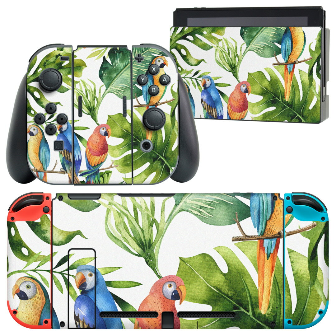 igsticker Nintendo Switch 用 デザインスキンシール 任天堂 ニンテンドー スイッチ 専用 本体ドック Joy-Con Joycon ジョイコン 専用 ゲーム機 カバー アクセサリー フィルム ステッカー 014723 リーフ ボタニカル インコ