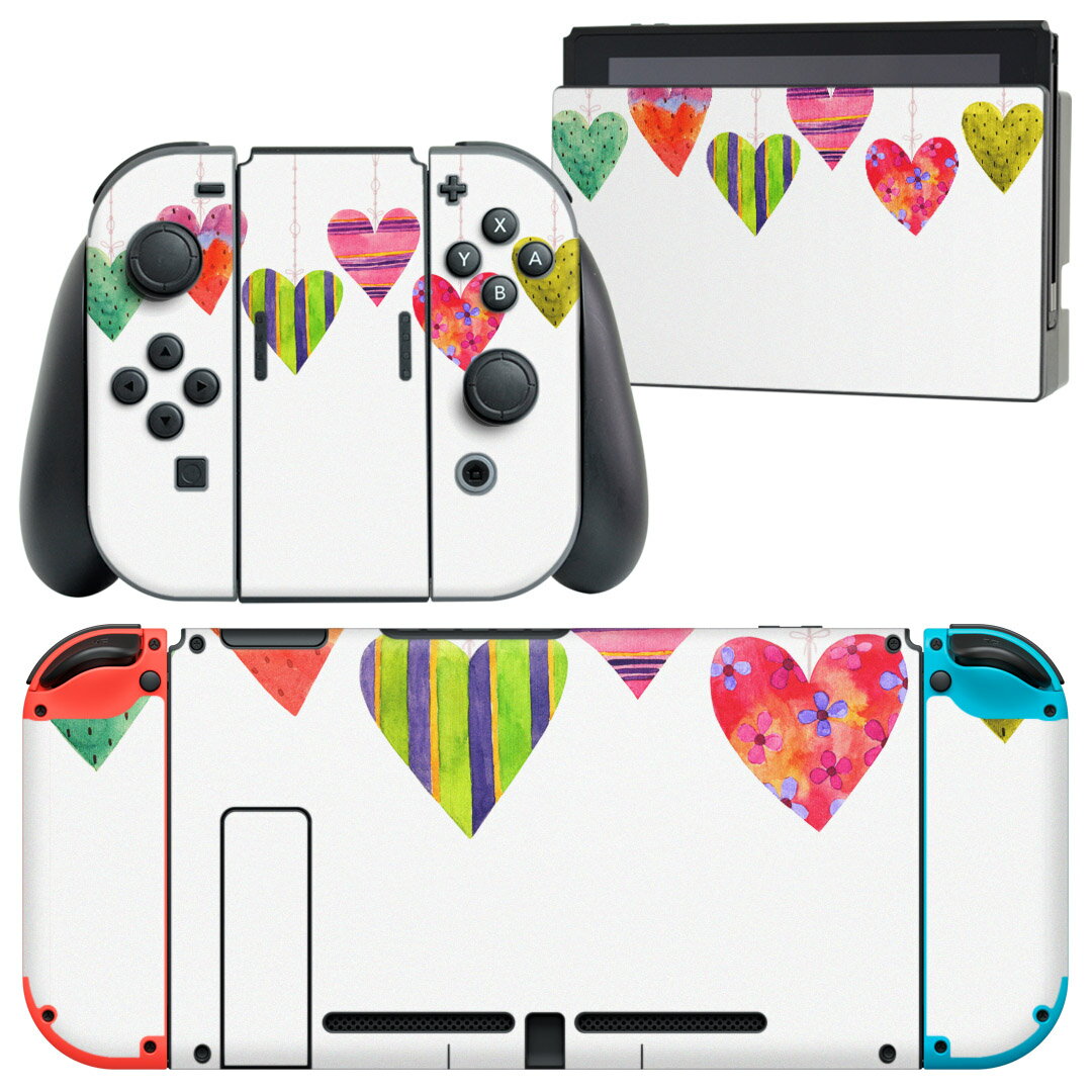 igsticker Nintendo Switch 用 デザインスキンシール 任天堂 ニンテンドー スイッチ 専用 本体ドック Joy-Con Joycon ジョイコン 専用 ゲーム機 カバー アクセサリー フィルム ステッカー 014781 ハート　ガーランド　カラフル