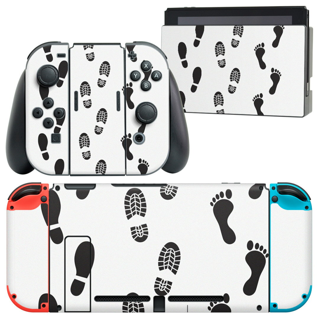 igsticker Nintendo Switch 用 デザインスキンシール 任天堂 ニンテンドー スイッチ 専用 本体ドック Joy-Con Joycon ジョイコン 専用 ゲーム機 カバー アクセサリー フィルム ステッカー 014919 足跡 黒 シルエット