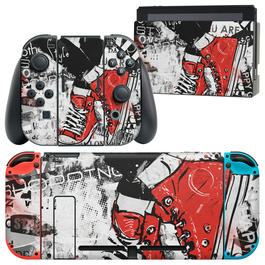 igsticker Nintendo Switch 用 デザインスキンシール 任天堂 ニンテンドー スイッチ 専用 本体ドック Joy-Con Joycon ジョイコン 専用 ゲーム機 カバー アクセサリー フィルム ステッカー 014972 イラスト　靴　赤　英字