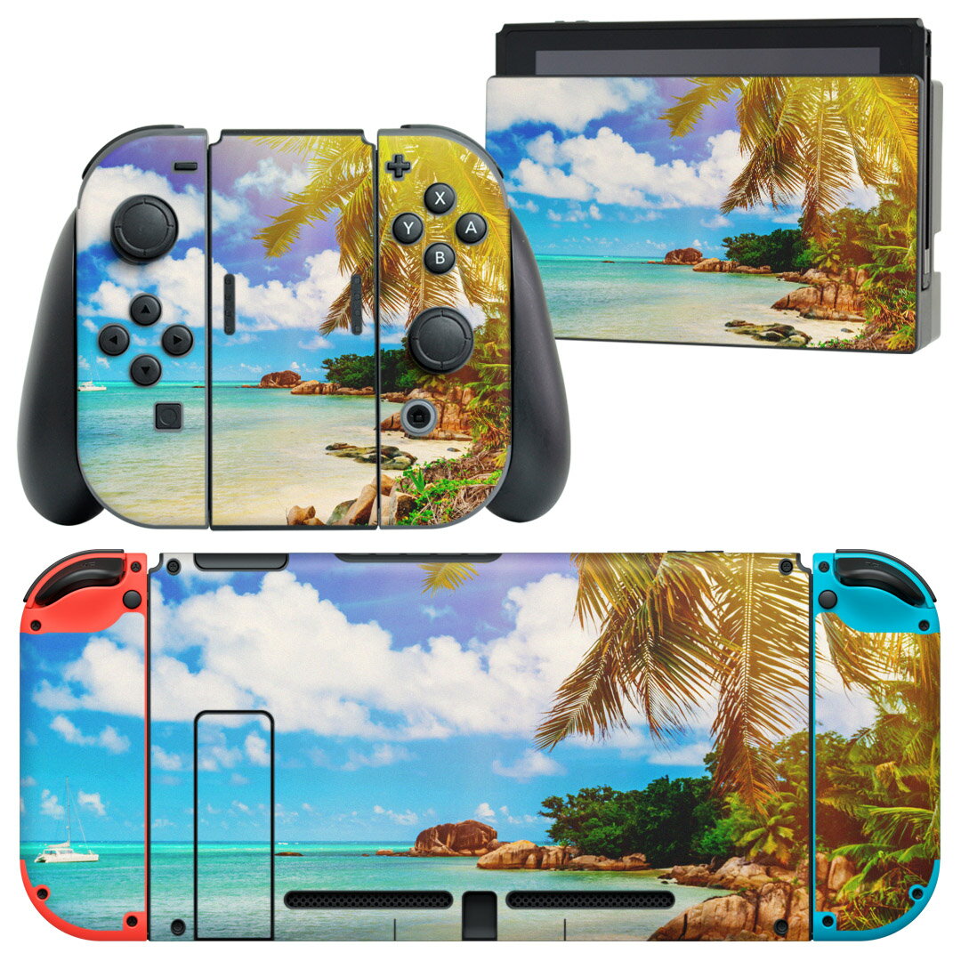 igsticker Nintendo Switch 用 デザインスキンシール 任天堂 ニンテンドー スイッチ 専用 本体ドック Joy-Con Joycon ジョイコン 専用 ゲーム機 カバー アクセサリー フィルム ステッカー 014987 景色　風景　夏　海　南国　ヤシの木