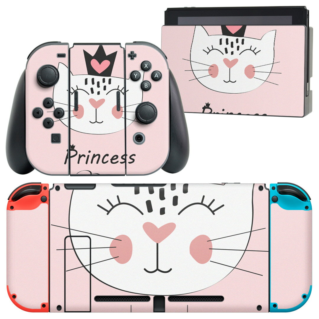 igsticker Nintendo Switch 用 デザインスキンシール 任天堂 ニンテンドー スイッチ 専用 本体ドック Joy-Con Joycon ジョイコン 専用 ゲーム機 カバー アクセサリー フィルム ステッカー 015625 プリンセス　猫　ピンク