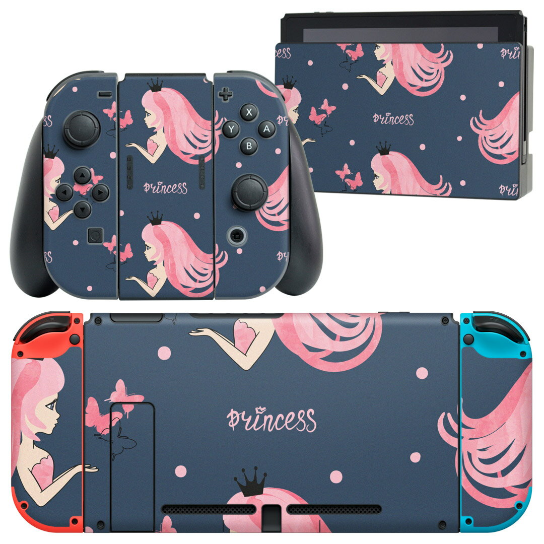 igsticker Nintendo Switch 用 デザインスキンシール 任天堂 ニンテンドー スイッチ 専用 本体ドック Joy-Con Joycon ジョイコン 専用 ゲーム機 カバー アクセサリー フィルム ステッカー 015942 プリンセス　ピンク　かわいい