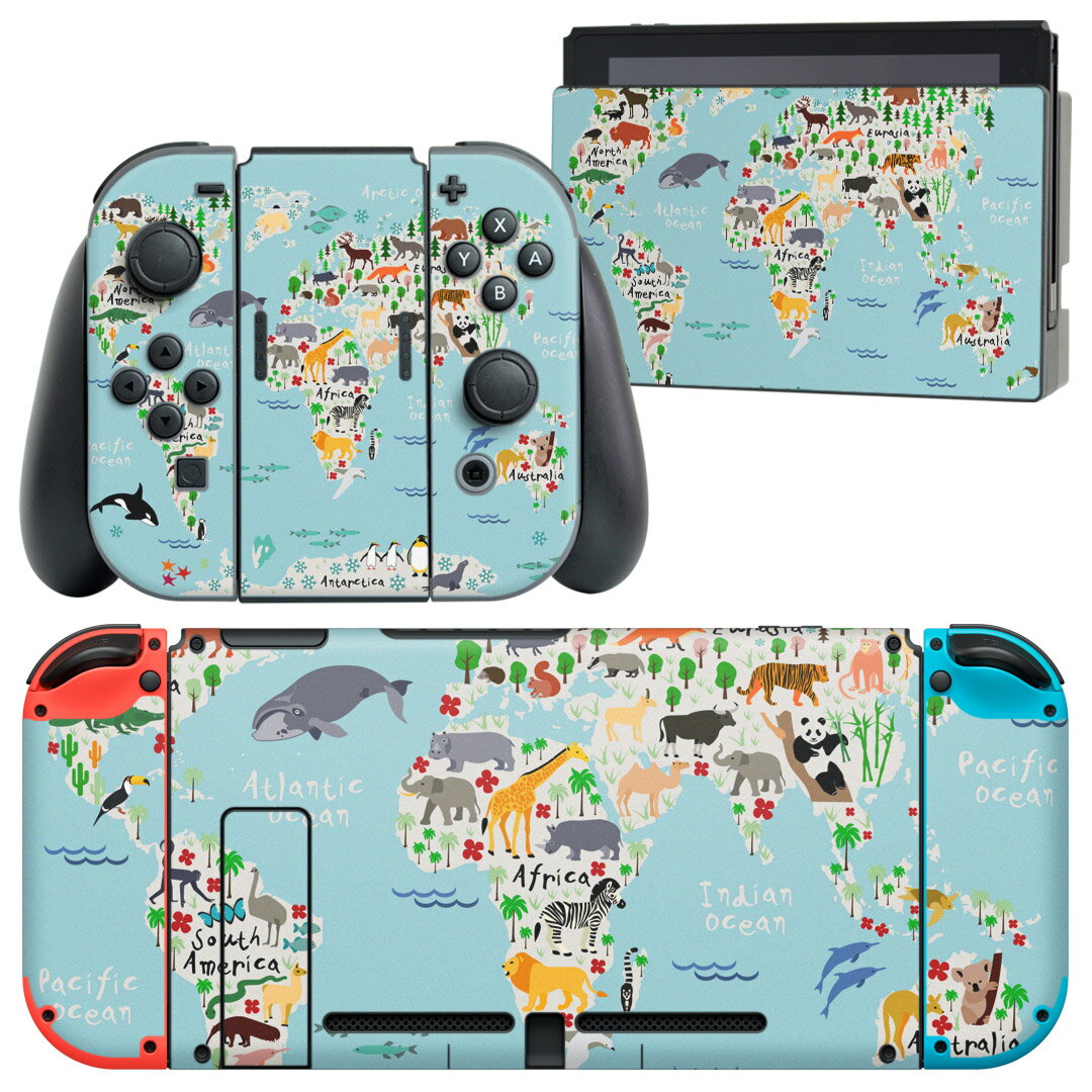 igsticker Nintendo Switch 用 デザインスキンシール 任天堂 ニンテンドー スイッチ 専用 本体ドック Joy-Con Joycon ジョイコン 専用 ゲーム機 カバー アクセサリー フィルム ステッカー 015983 世界地図　動物　map