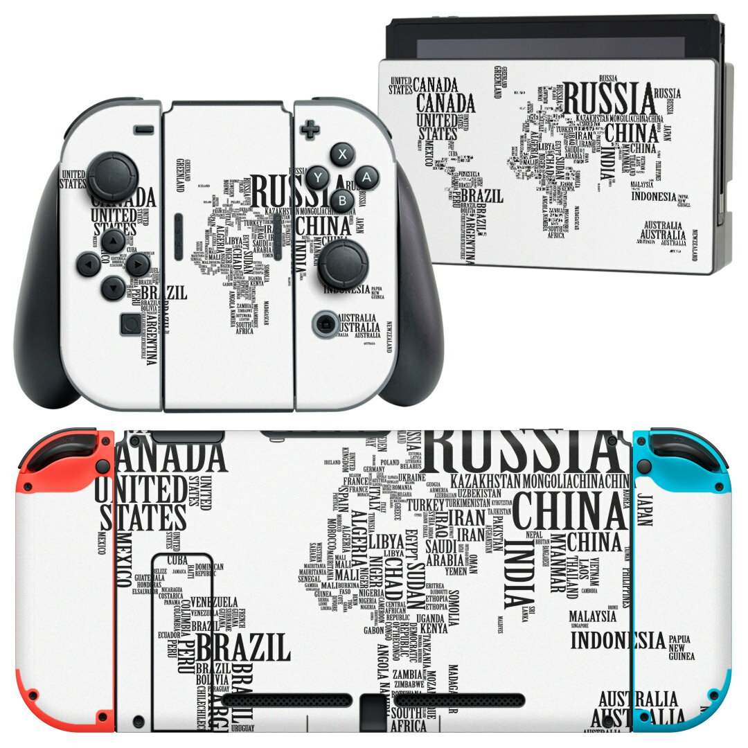 igsticker Nintendo Switch 用 デザインスキンシール 任天堂 ニンテンドー スイッチ 専用 本体ドック Joy-Con Joycon ジョイコン 専用 ゲーム機 カバー アクセサリー フィルム ステッカー 016045 世界地図 白黒 英字