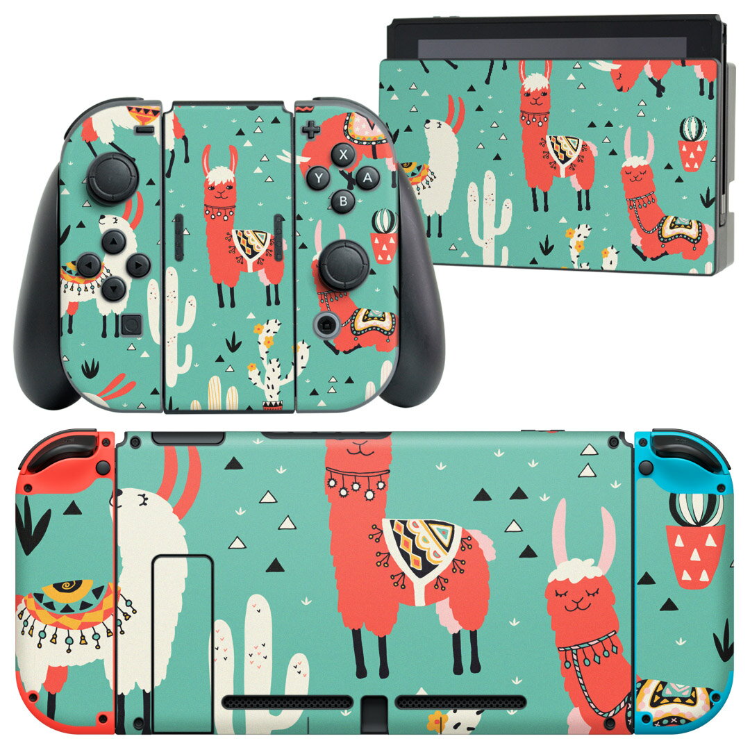 igsticker Nintendo Switch 用 デザインスキンシール 任天堂 ニンテンドー スイッチ 専用 本体ドック Joy-Con Joycon ジョイコン 専用 ゲーム機 カバー アクセサリー フィルム ステッカー 016413 アルパカ　サボテン