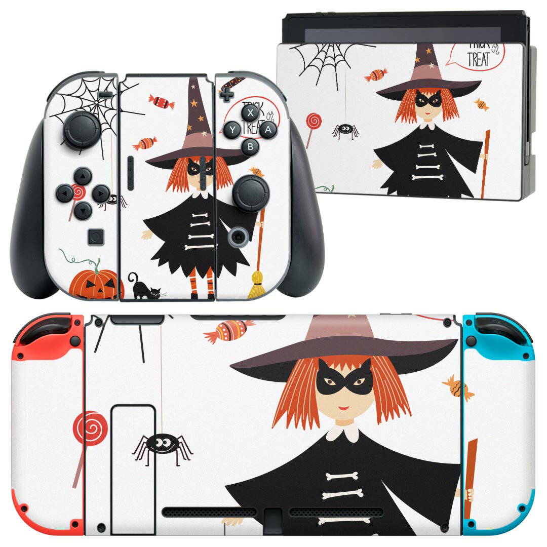 igsticker Nintendo Switch 用 デザインスキンシール 任天堂 ニンテンドー スイッチ 専用 本体ドック Joy-Con Joycon ジョイコン 専用 ゲーム機 カバー アクセサリー フィルム ステッカー 017448 ハロウィン　かわいい 魔女　かぼちゃ　くも