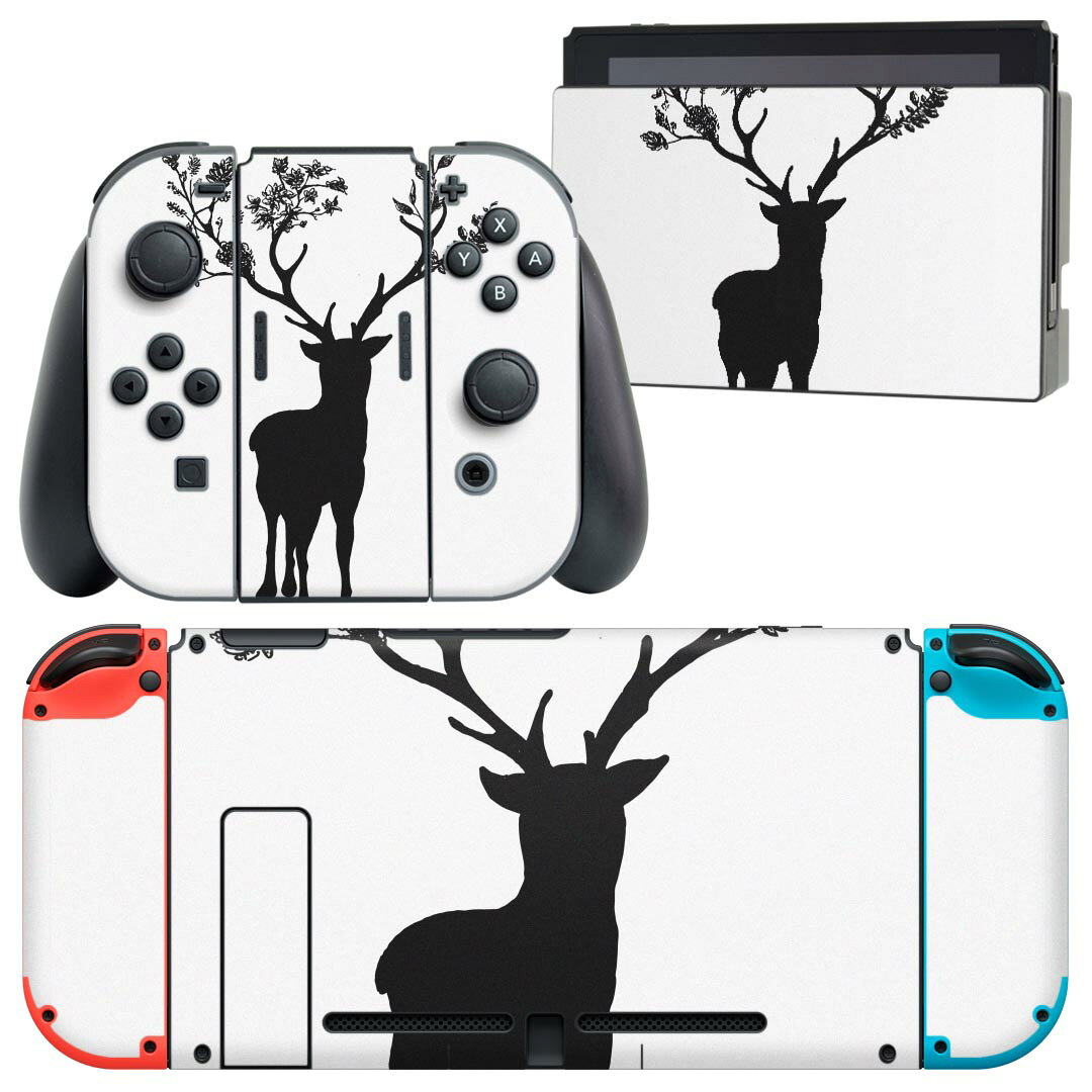 igsticker Nintendo Switch 用 デザインスキンシール 任天堂 ニンテンドー スイッチ 専用 本体ドック Joy-Con Joycon ジョイコン 専用 ゲーム機 カバー アクセサリー フィルム ステッカー 017816 クリスマス トナカイ　木　シルエット　黒