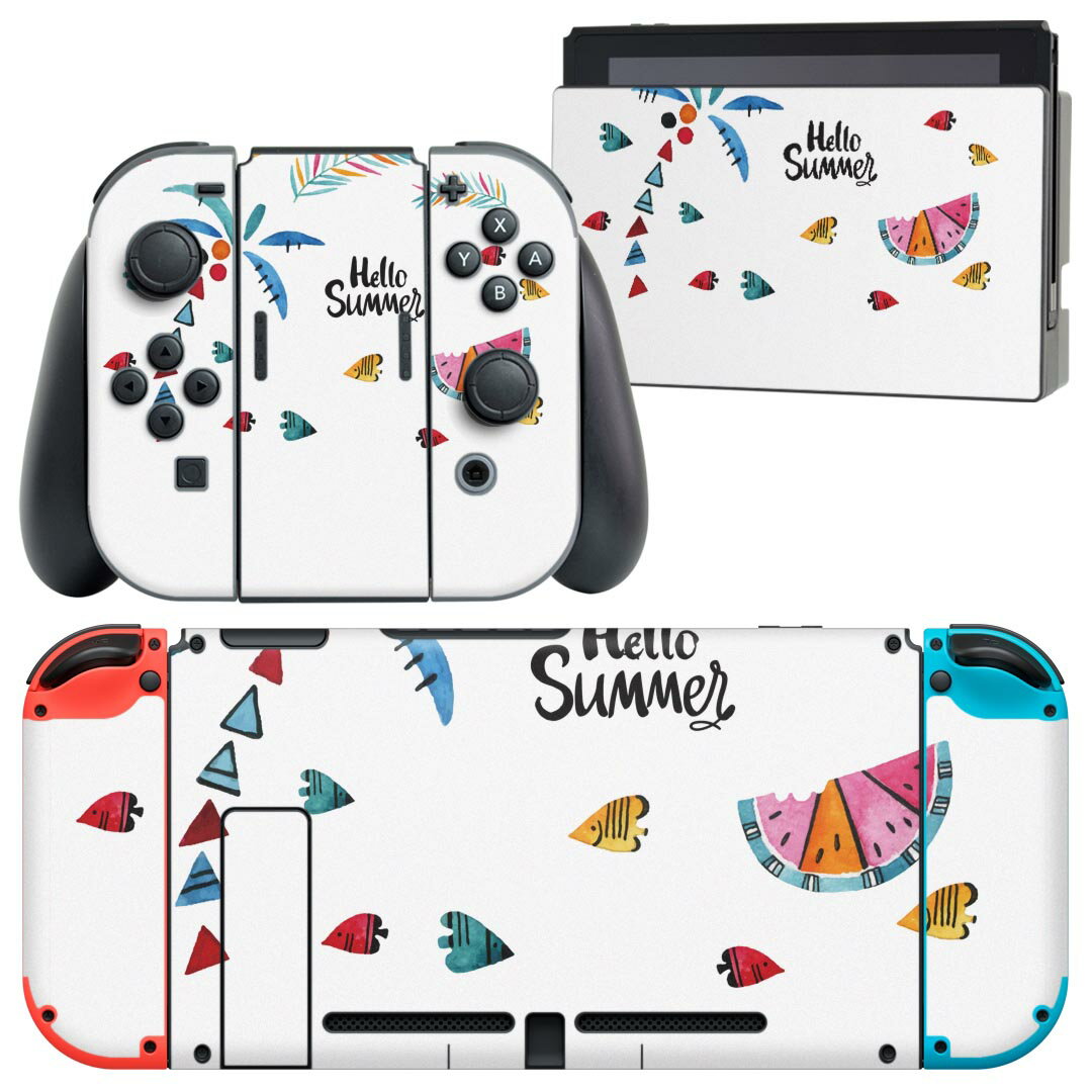 igsticker Nintendo Switch 用 デザインスキンシール 任天堂 ニンテンドー スイッチ 専用 本体ドック Joy-Con Joycon ジョイコン 専用 ゲーム機 カバー アクセサリー フィルム ステッカー 017844 夏 ヤシの木 スイカ summer
