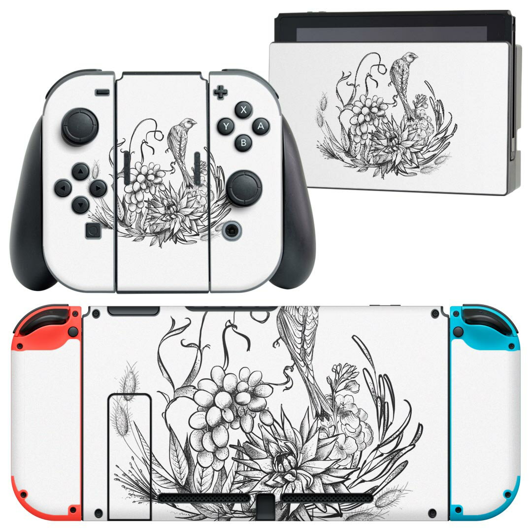 igsticker Nintendo Switch 用 デザインスキンシール 任天堂 ニンテンドー スイッチ 専用 本体ドック Joy-Con Joycon ジョイコン 専用 ゲーム機 カバー アクセサリー フィルム ステッカー 019565 フォント flower モノクロ 花