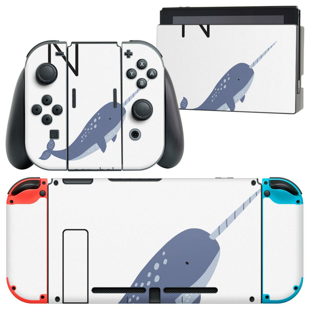 igsticker Nintendo Switch 用 デザインスキンシール 任天堂 ニンテンドー スイッチ 専用 本体ドック Joy-Con Joycon ジョイコン 専用 ゲーム機 カバー アクセサリー フィルム ステッカー 019946 動物 アルファベット N narwhal イッカク
