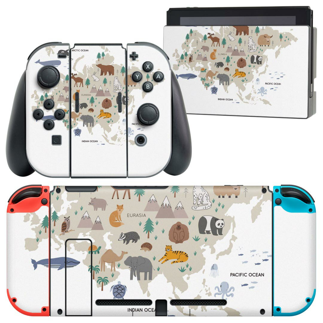 igsticker Nintendo Switch 用 デザインスキンシール 任天堂 ニンテンドー スイッチ 専用 本体ドック Joy-Con Joycon ジョイコン 専用 ゲーム機 カバー アクセサリー フィルム ステッカー 019960 動物 eurasia map 動物 地図
