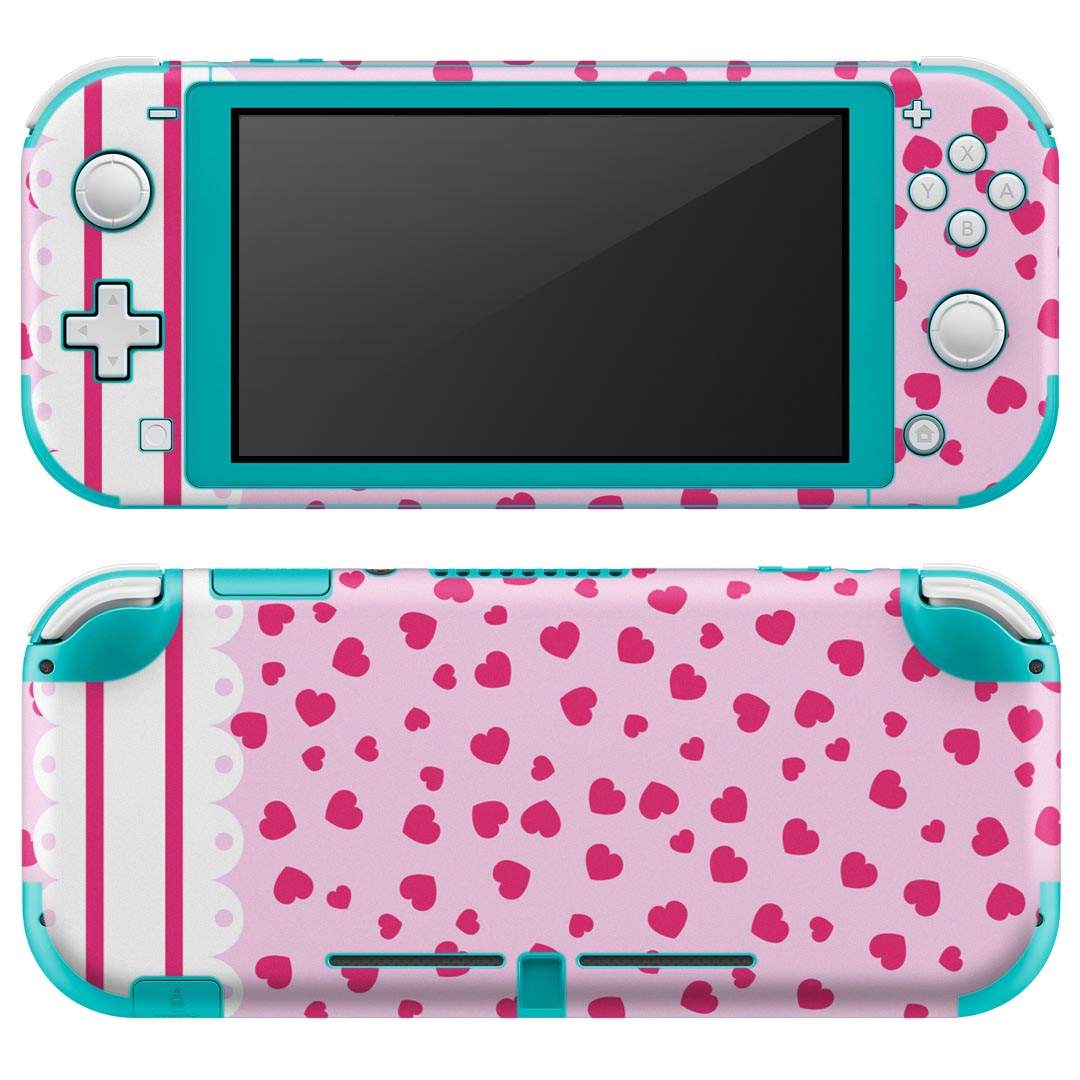 igsticker Nintendo Switch Lite 専用 デザインスキンシール 全面 ニンテンドー スイッチ ライト 専用 ゲーム機 カバー アクセサリー フィルム ステッカー エアフリー 004664 ハート　レース　ピンク