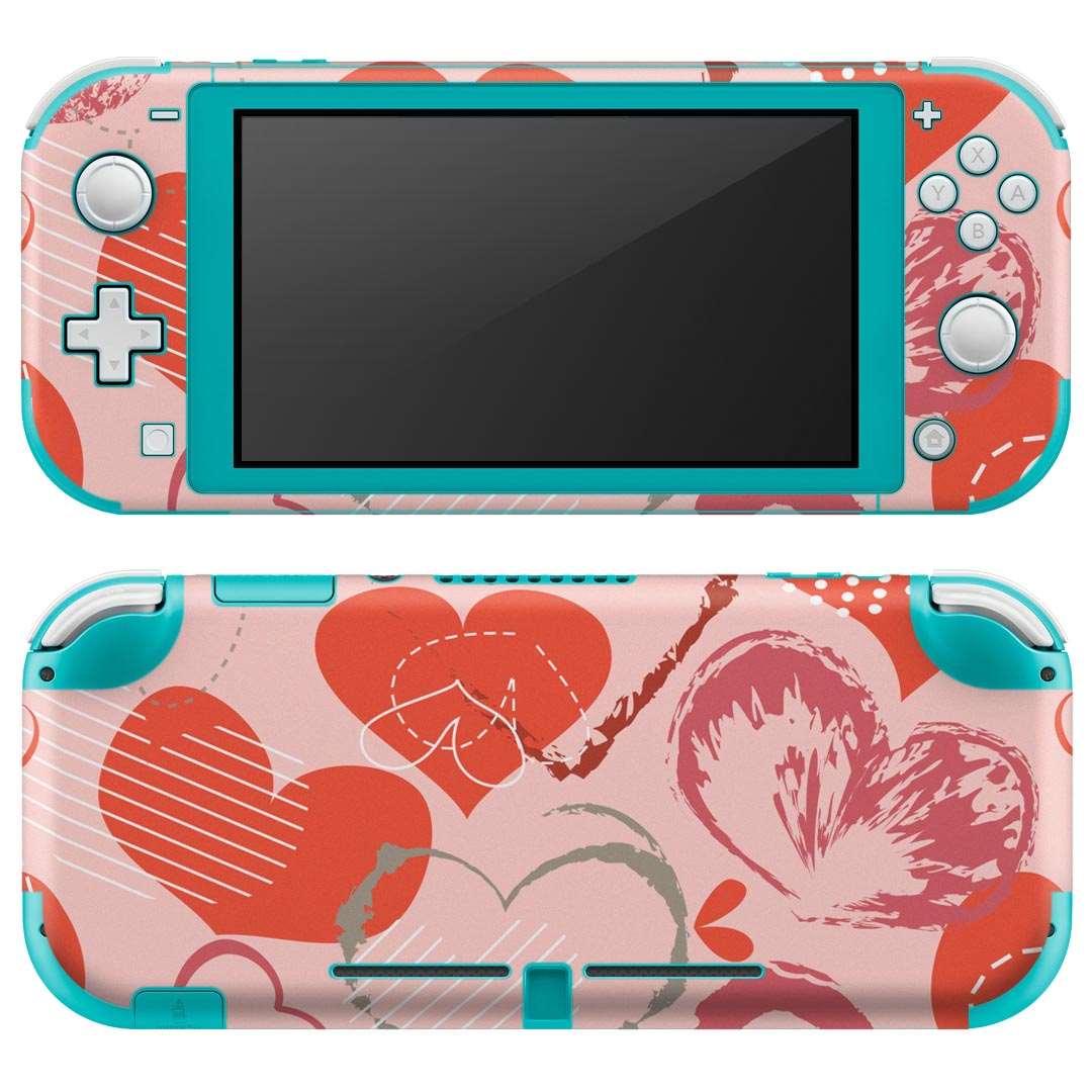 igsticker Nintendo Switch Lite 専用 デザインスキンシール 全面 ニンテンドー スイッチ ライト 専用 ゲーム機 カバー アクセサリー フィルム ステッカー エアフリー 005034 ハート　赤　模様