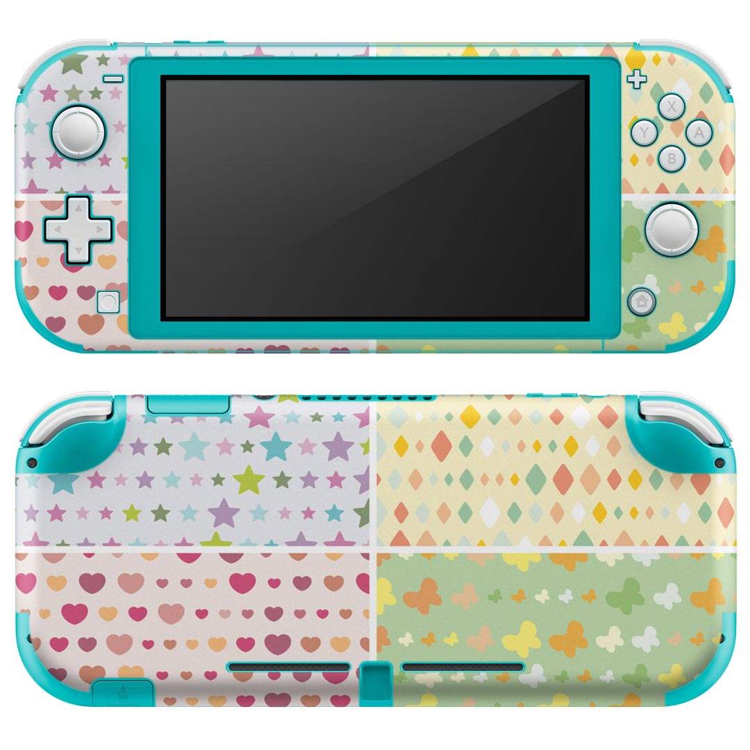 igsticker Nintendo Switch Lite 専用 デザインスキンシール 全面 ニンテンドー スイッチ ライト 専用 ゲーム機 カバー アクセサリー フィルム ステッカー エアフリー 007751 カラフル ハート 星 蝶 模様