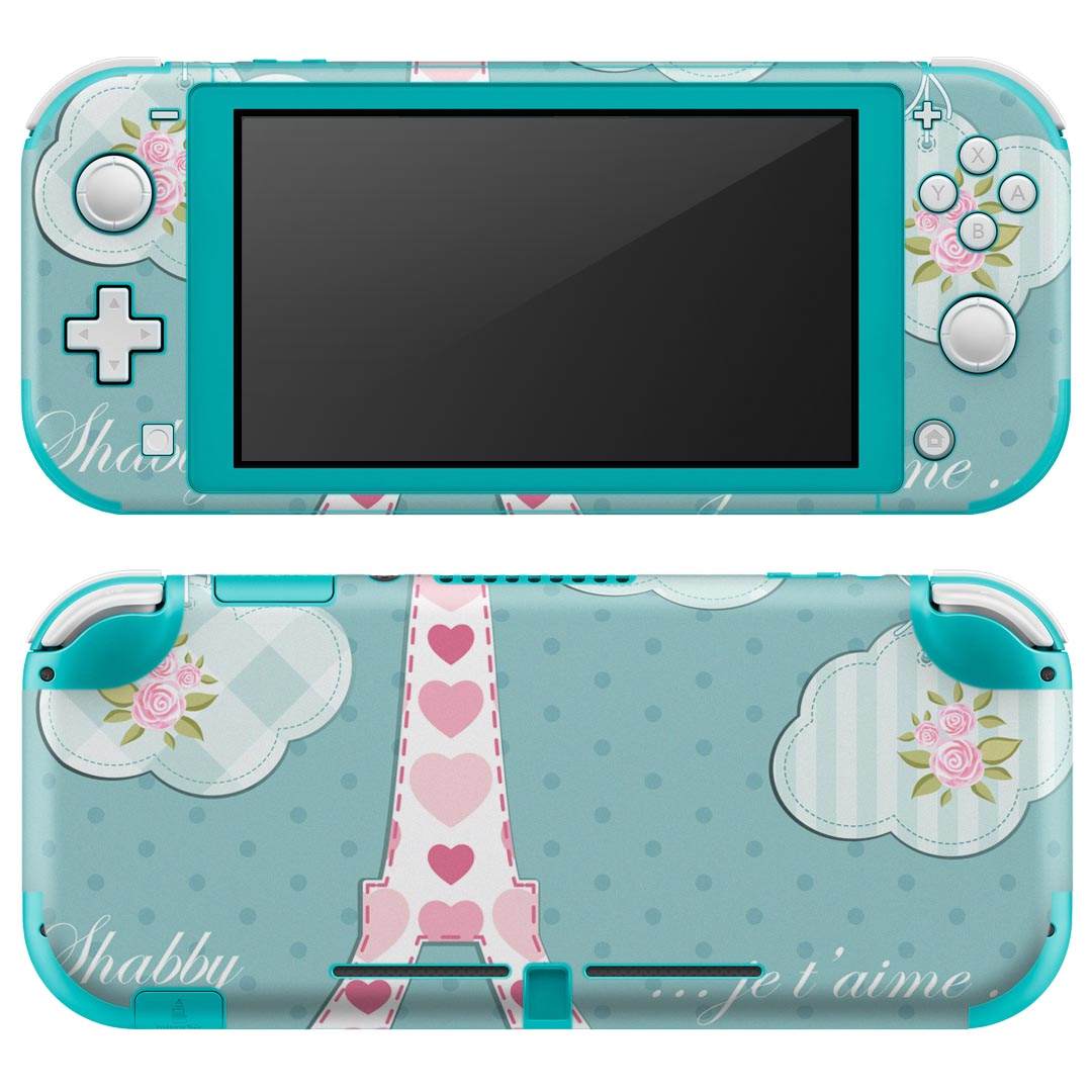 igsticker Nintendo Switch Lite 専用 デザインスキンシール 全面 ニンテンドー スイッチ ライト 専用 ゲーム機 カバー アクセサリー フィルム ステッカー エアフリー 008068 エッフェル塔　建物　花　　ハート　水玉