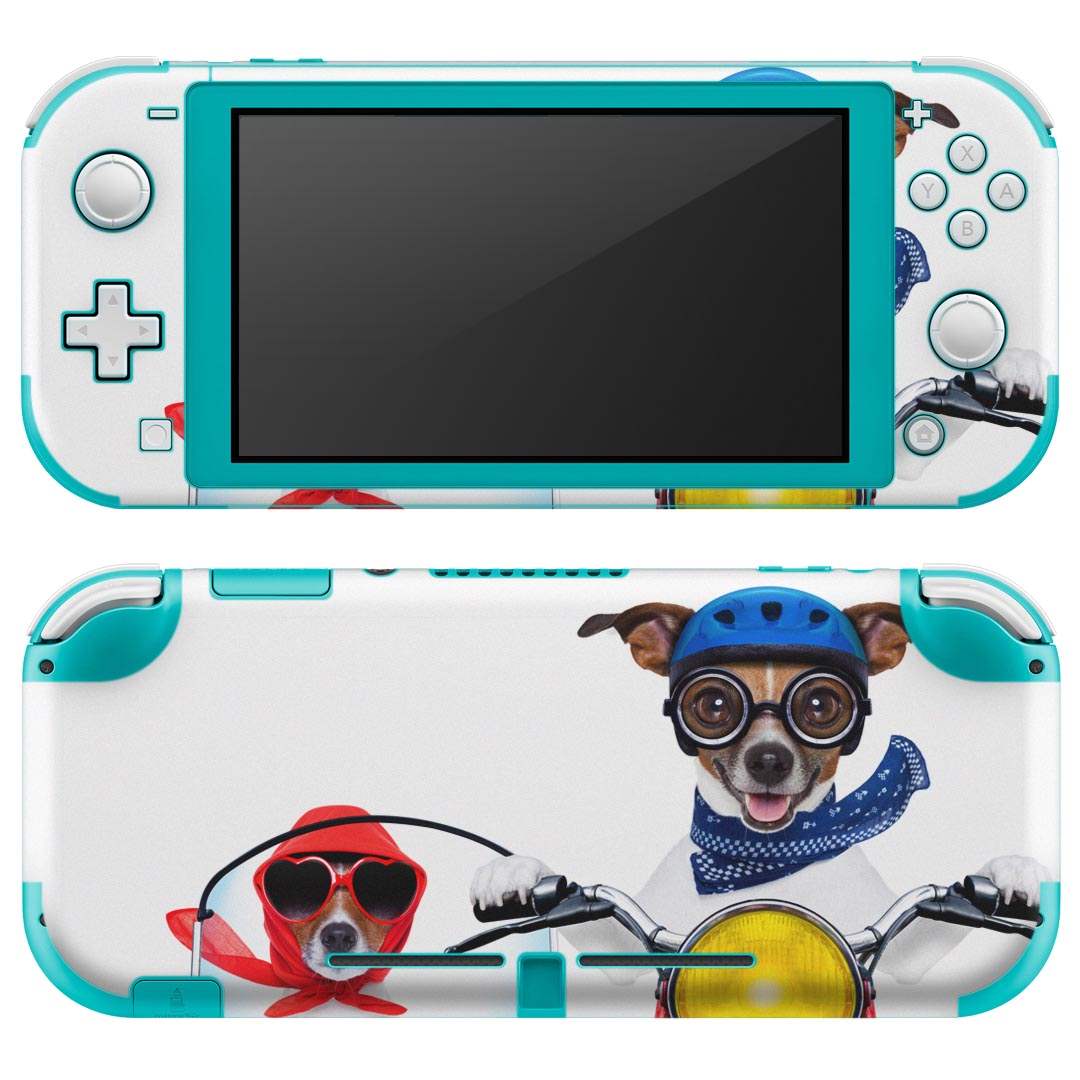 igsticker Nintendo Switch Lite 専用 デザインスキンシール 全面 ニンテンドー スイッチ ライト 専用 ゲーム機 カバー アクセサリー フィルム ステッカー エアフリー 008126 アニマル 写真　犬　バイク　赤　レッド