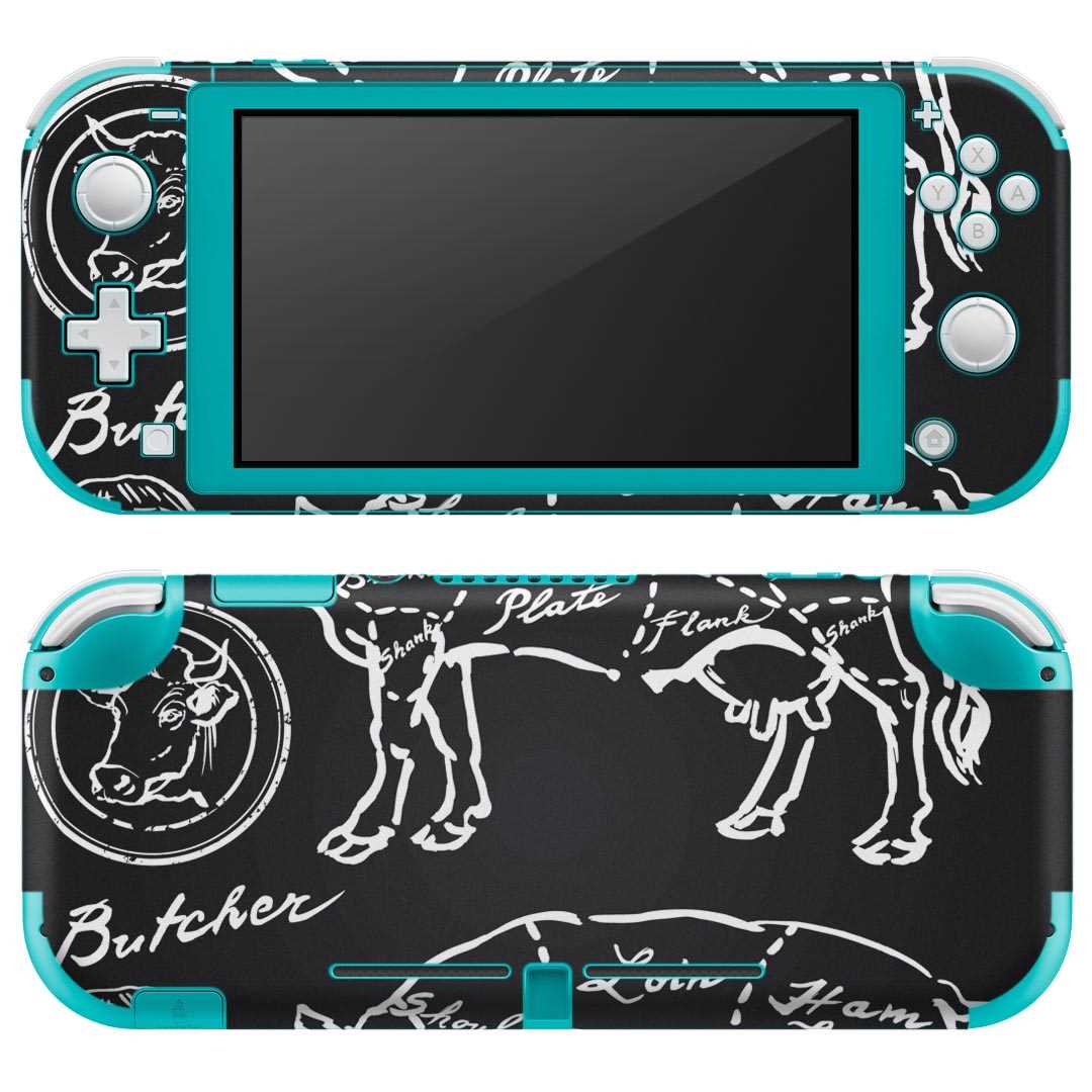 igsticker Nintendo Switch Lite 専用 デザインスキンシール 全面 ニンテンドー スイッチ ライト 専用 ゲーム機 カバー アクセサリー フィルム ステッカー エアフリー 008358 白黒 牛 豚 肉 イラスト