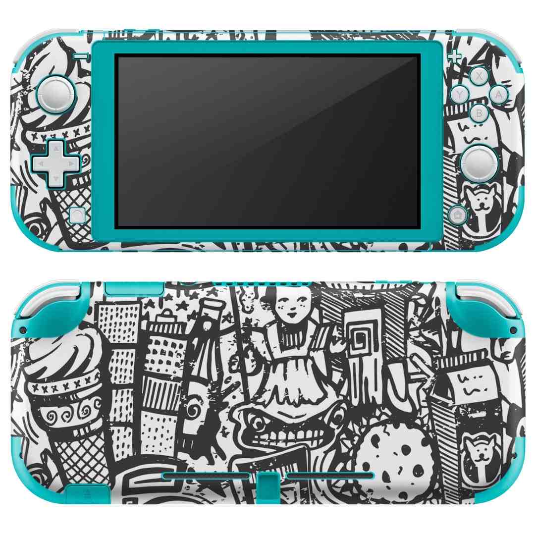 igsticker Nintendo Switch Lite 専用 デザインスキンシール 全面 ニンテンドー スイッチ ライト 専用 ゲーム機 カバー アクセサリー フィルム ステッカー エアフリー 008430 白黒　版画　イラスト　模様