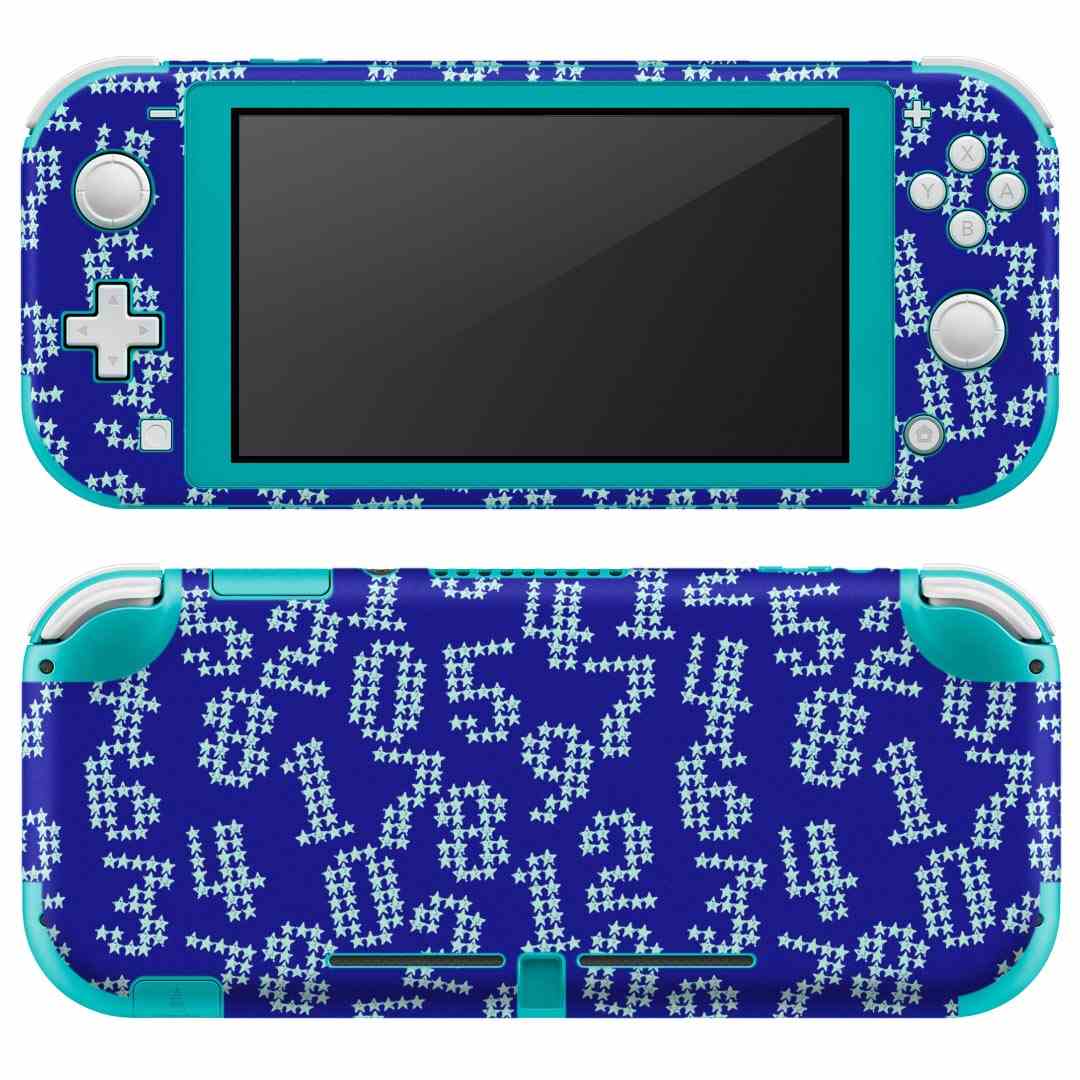 igsticker Nintendo Switch Lite 専用 デザインスキンシール 全面 ニンテンドー スイッチ ライト 専用 ゲーム機 カバー アクセサリー フィルム ステッカー エアフリー 008441 数字　文字　星　スター　青　ブルー　模様
