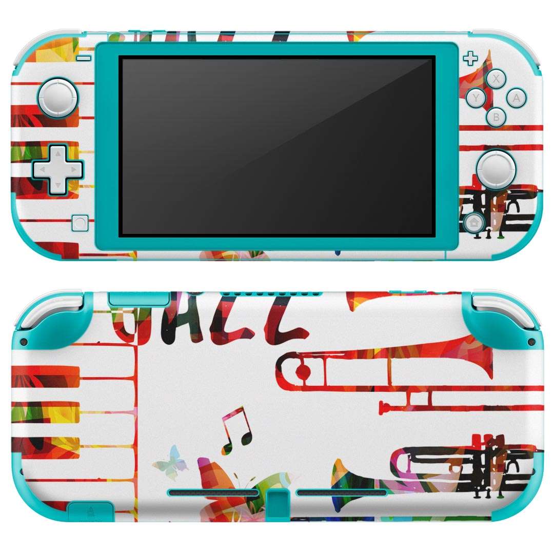 igsticker Nintendo Switch Lite 専用 デザインスキンシール 全面 ニンテンドー スイッチ ライト 専用 ゲーム機 カバー アクセサリー フィルム ステッカー エアフリー 015806 JAZZ　トランペット　カラフル　ピアノ