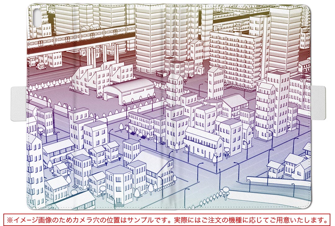 Fire HD 10 専用 タブレット ケース FireHD10 (第7世代・2017年リリース) Lサイズ 手帳型 タブレットケース カバー レザー フリップ ダイアリー 二つ折り 革 016317 カラフル　町並み