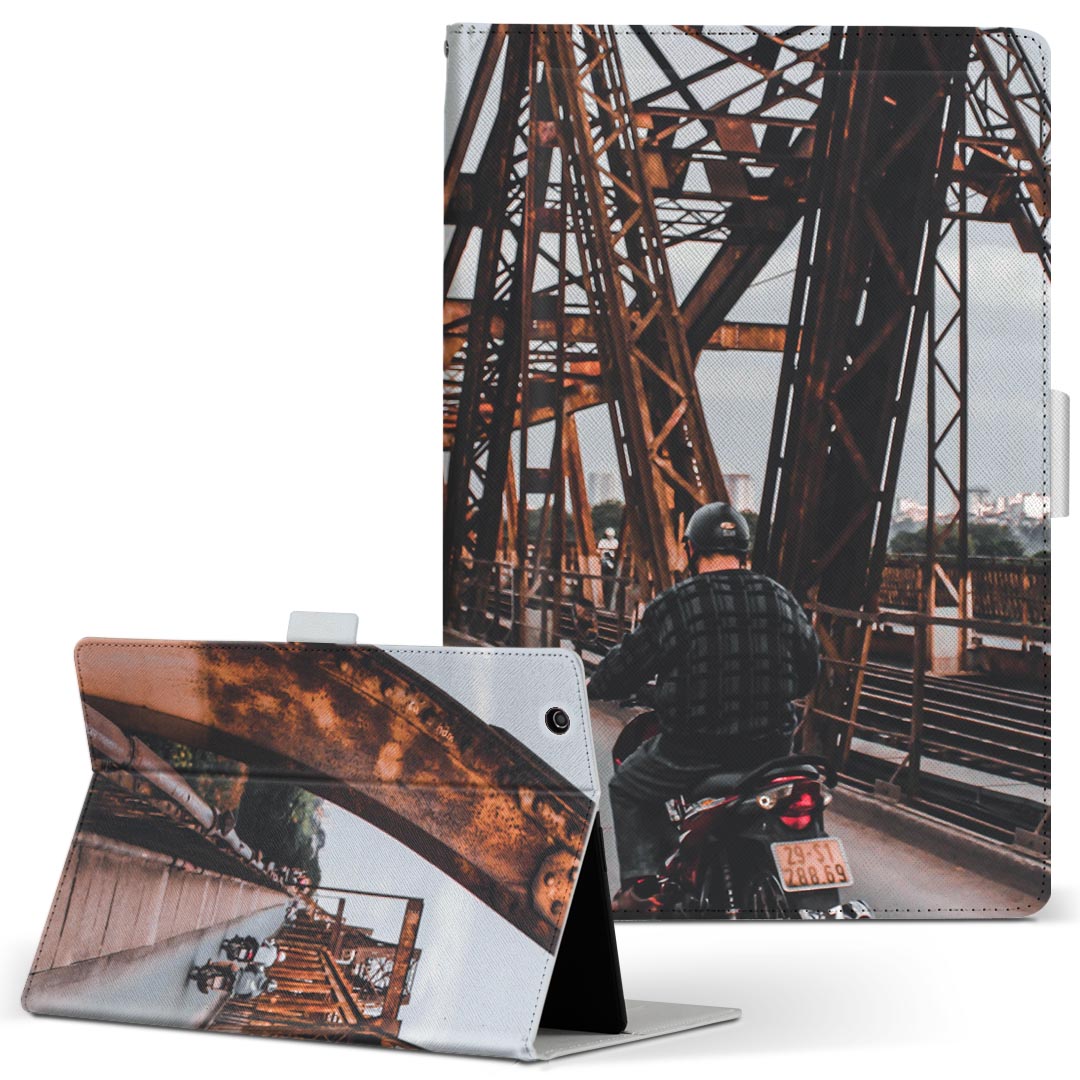 iPad 第6世代 用 タブレット ケース Apple アップル ipad6 Lサイズ 手帳型 タブレットケース カバー レザー フリップ ダイアリー 二つ折り 革 023021 風景　橋　バイク
