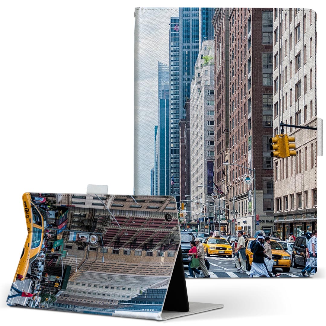 デザイン タブレットケース 手帳型 タブレット カバー レザー フリップ ダイアリー 二つ折り 革 023659 ビル　都市　風景　車