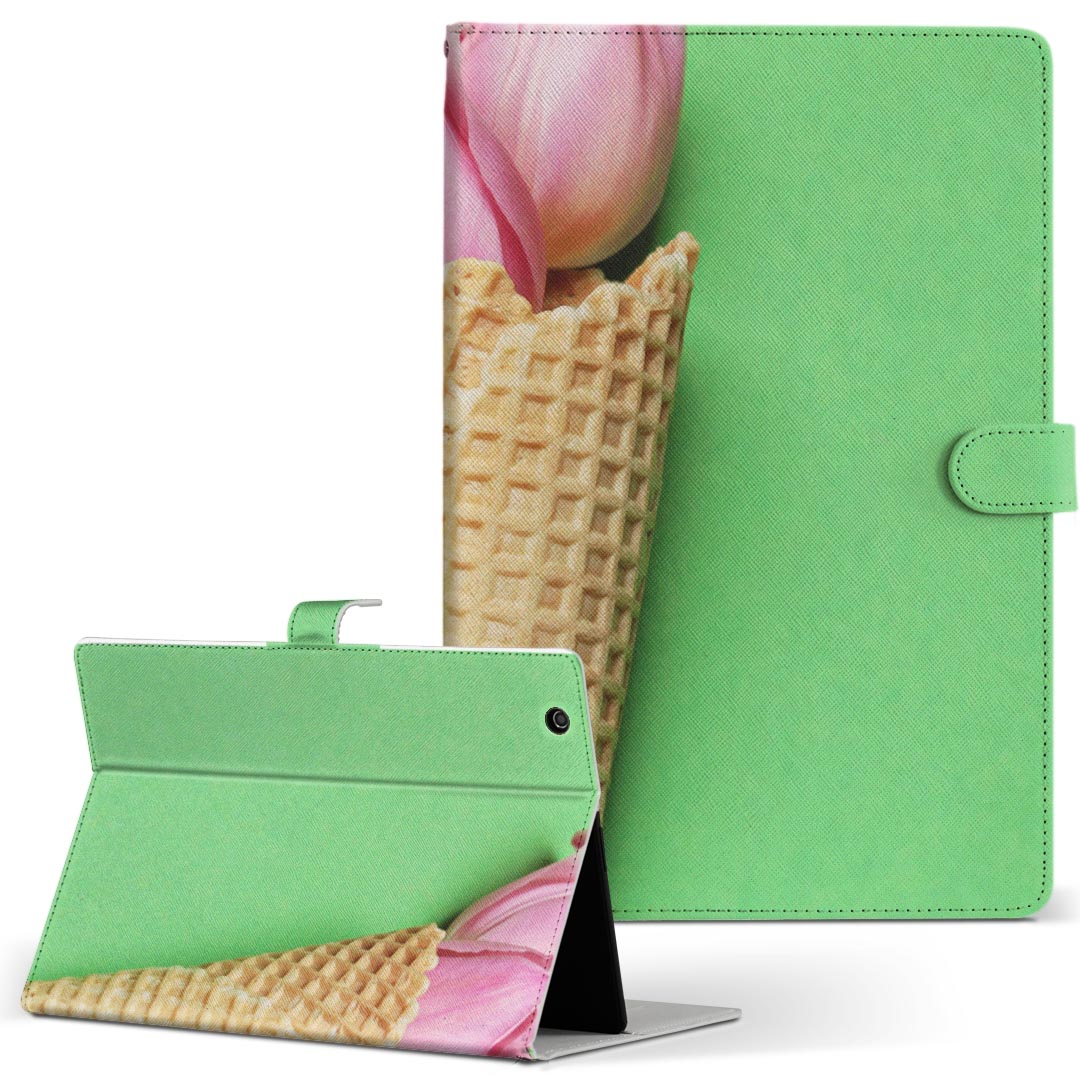 デザイン タブレットケース 手帳型 タブレット カバー レザー フリップ ダイアリー 二つ折り 革 023915 花　フラワー　チューリップ　アイス