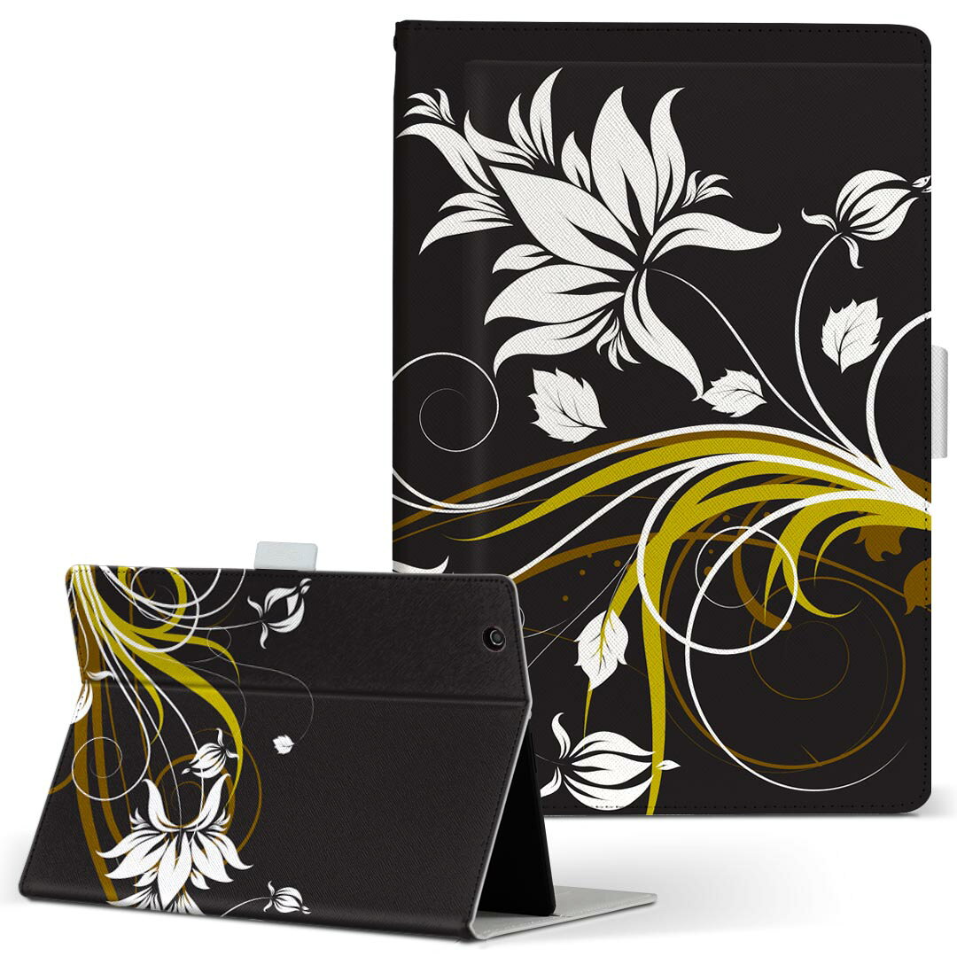KYT32 Qua tab QZ8 用 タブレット ケース quatabqz8 Mサイズ 手帳型 タブレットケース カバー レザー フリップ ダイアリー 二つ折り 革 007750 花 黒 ブラック