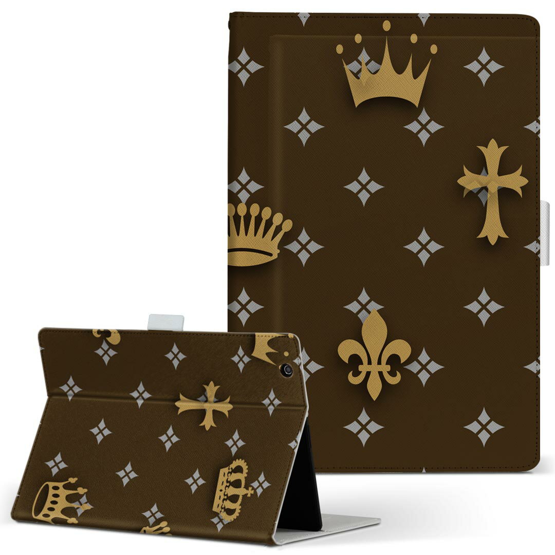 KYT32 Qua tab QZ8 用 タブレット ケース quatabqz8 Mサイズ 手帳型 タブレットケース カバー レザー フリップ ダイアリー 二つ折り 革 007906 茶色 ブラウン クラウン 王冠 模様