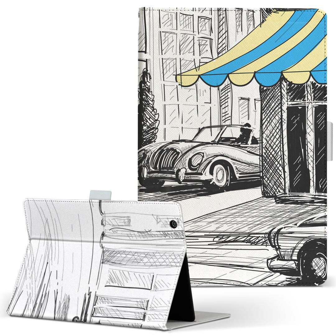 Fire HD 10 専用 タブレット ケース FireHD10 (第7世代・2017年リリース) Lサイズ 手帳型 タブレットケース カバー レザー フリップ ダイアリー 二つ折り 革 010819 イラスト 車 風景