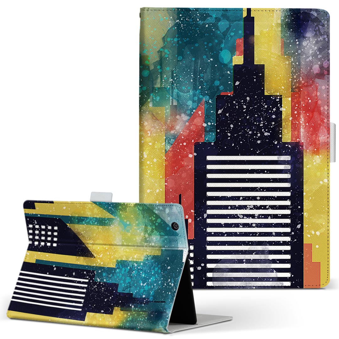 Fire HD 10 専用 タブレット ケース FireHD10 (第7世代・2017年リリース) Lサイズ 手帳型 タブレットケース カバー レザー フリップ ダイアリー 二つ折り 革 016304 街並み　ビル(2.0)