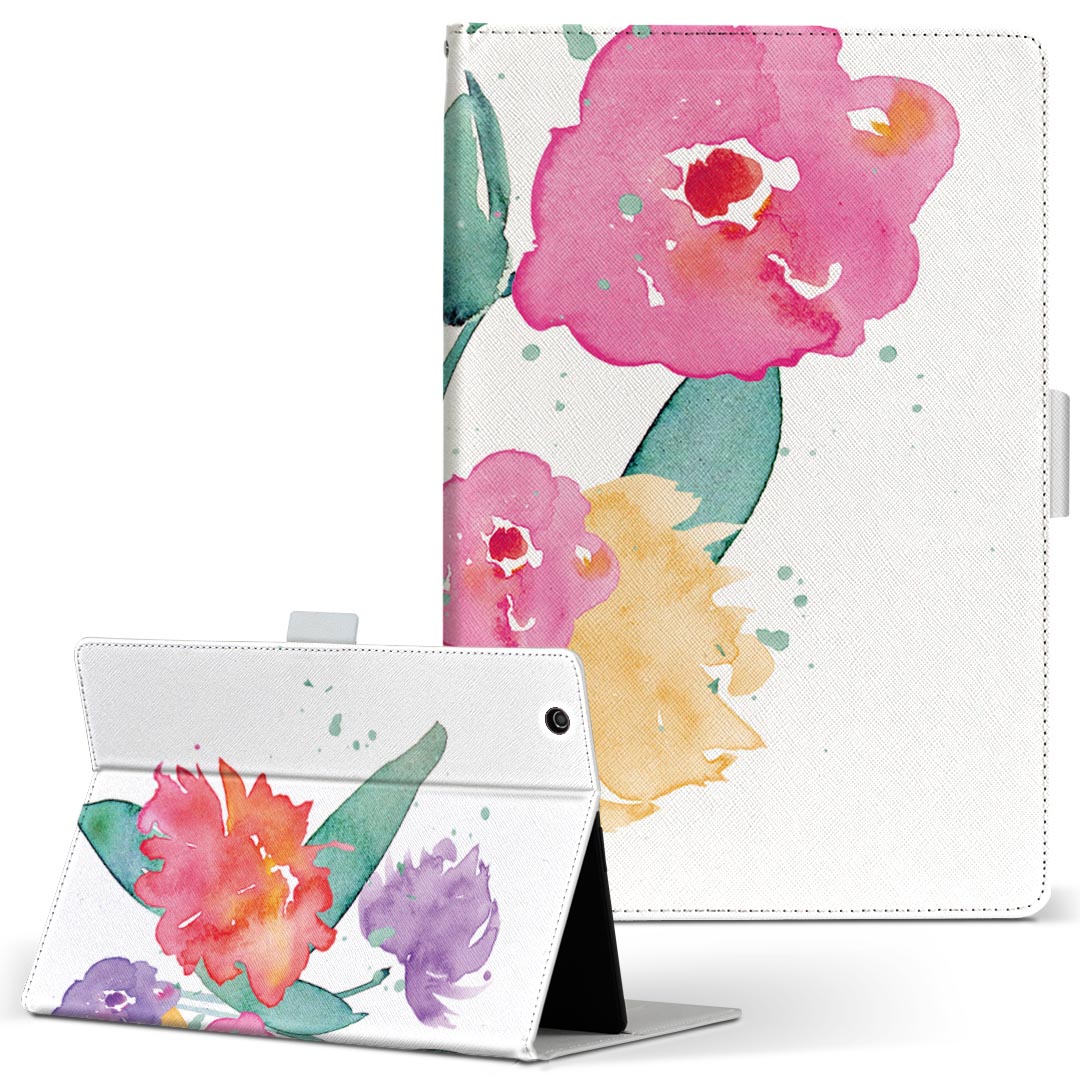 dtab d-51c 用 タブレットケース docomo ドコモ Lサイズ 手帳型 タブレットケース カバー マグネット式 レザー フリップ ダイアリー 二つ折り 革 薄型 軽量 017760 花　　手書き風