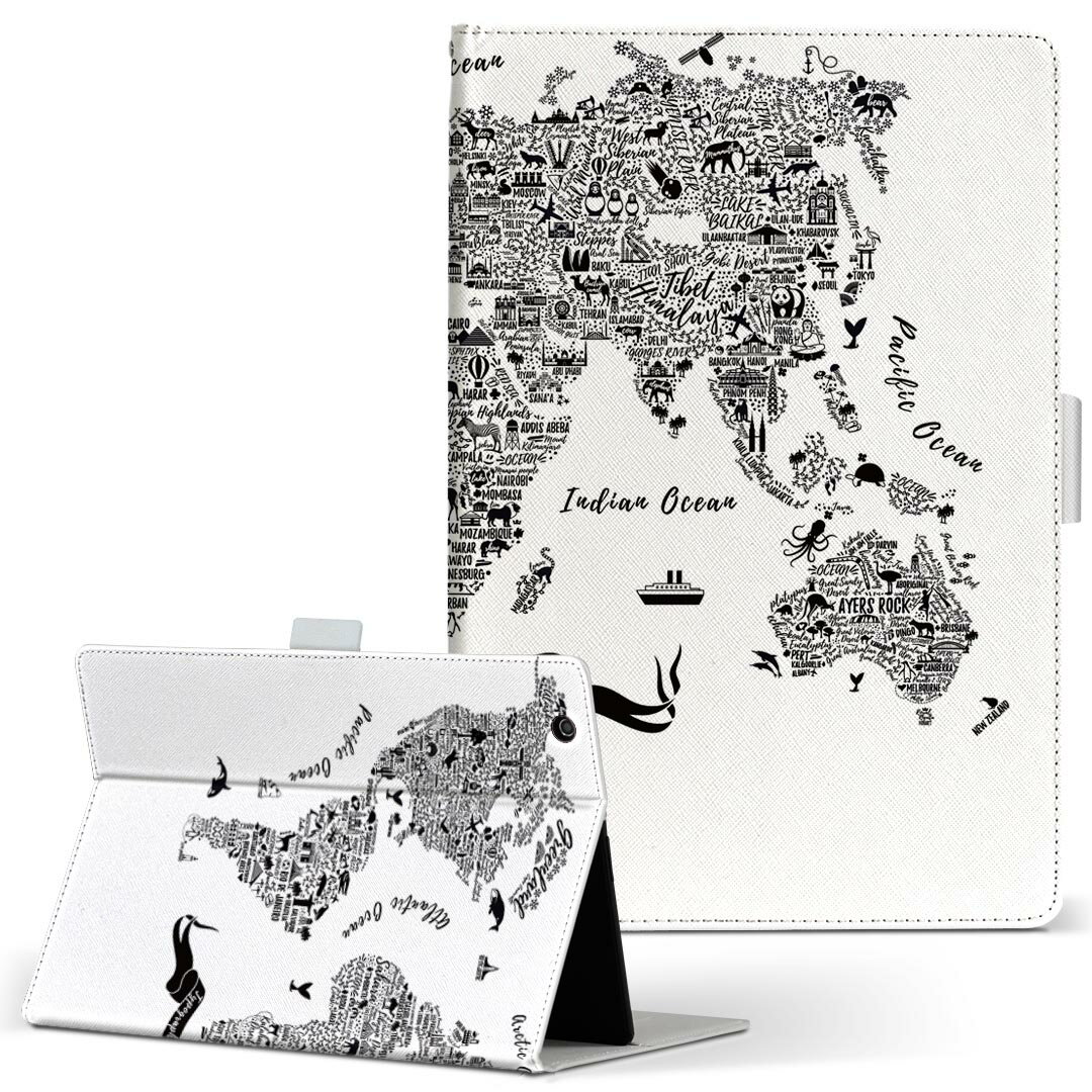 Fire HD 10 専用 タブレット ケース FireHD10 (第7世代・2017年リリース) Lサイズ 手帳型 タブレットケース カバー レザー フリップ ダイアリー 二つ折り 革 017791 地図 map ブラック