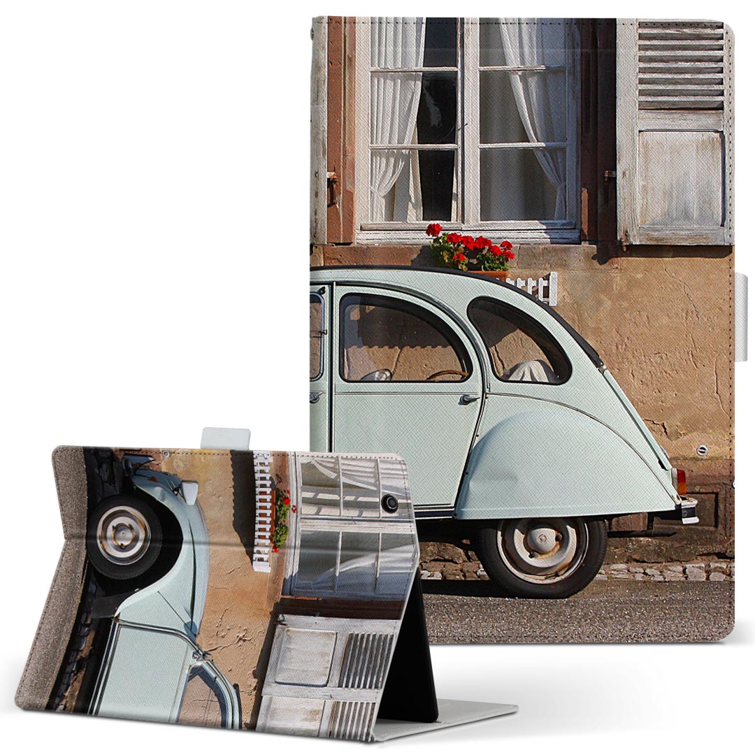 KYT32 Qua tab QZ8 用 タブレット ケース quatabqz8 Mサイズ 手帳型 タブレットケース カバー レザー フリップ ダイアリー 二つ折り 革 018310 アート レトロ 風景 車