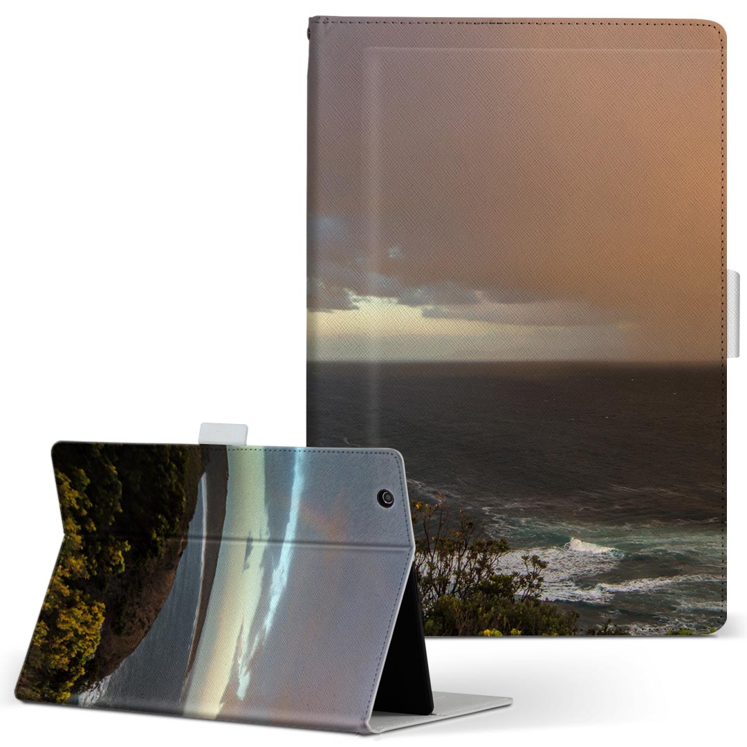 dtab d-51c 用 タブレットケース docomo ドコモ Lサイズ 手帳型 タブレットケース カバー マグネット式 レザー フリップ ダイアリー 二つ折り 革 薄型 軽量 018332 アート写真 海 夕日(2.0)
