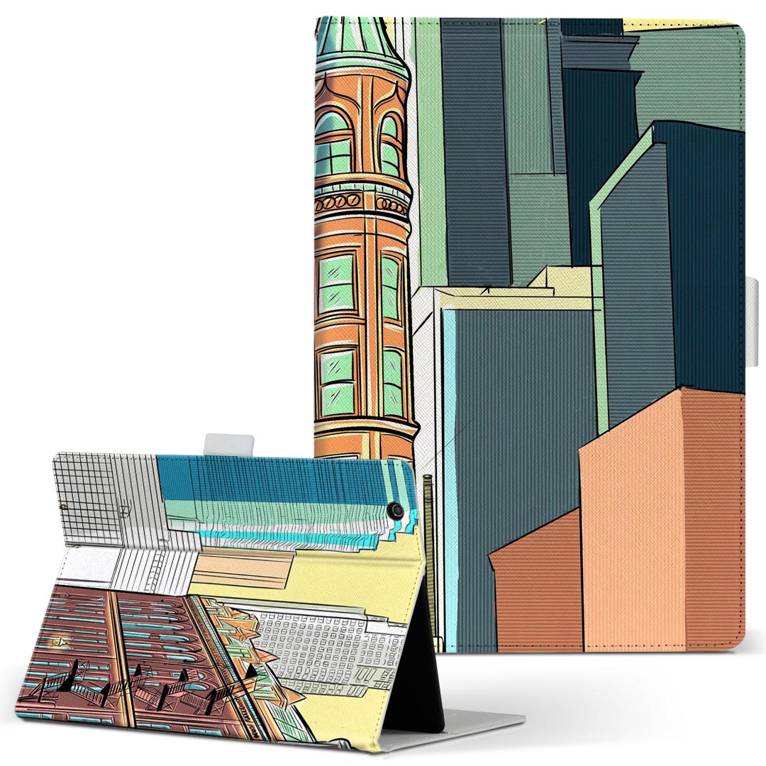 dtab Compact d-42A Lenovo docomo ドコモ Sサイズ 手帳型 タブレットケース カバー 全機種対応有り レザー フリップ ダイアリー 二つ折り 革 023036 都市　風景　イラスト