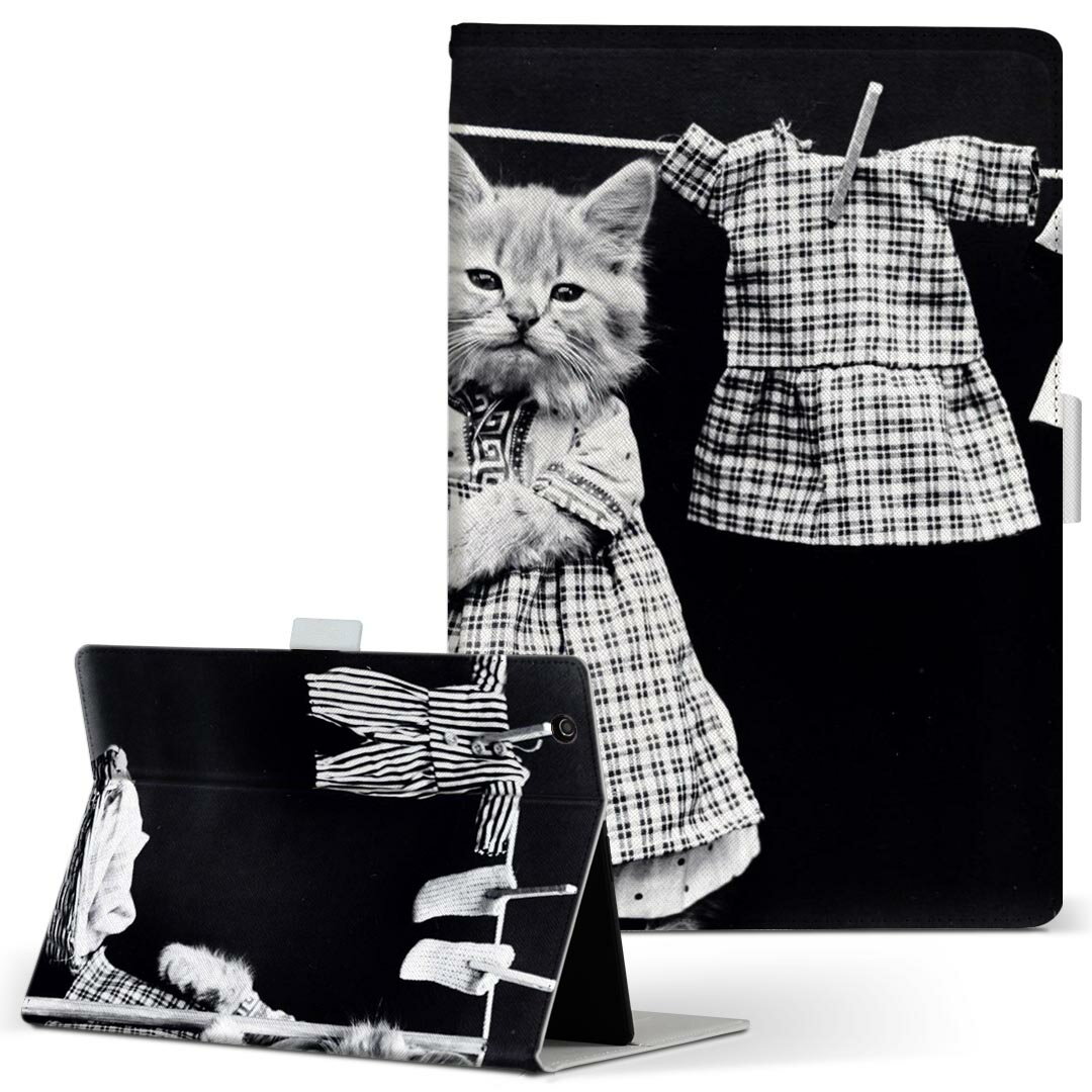 Lenovo Tab B10 HD (2nd Gen) 用 タブレットケース Lサイズ 手帳型 タブレットケース カバー 全機種対応有り レザー フリップ ダイアリー 二つ折り 革 023079 猫　モノクロ　キャラ