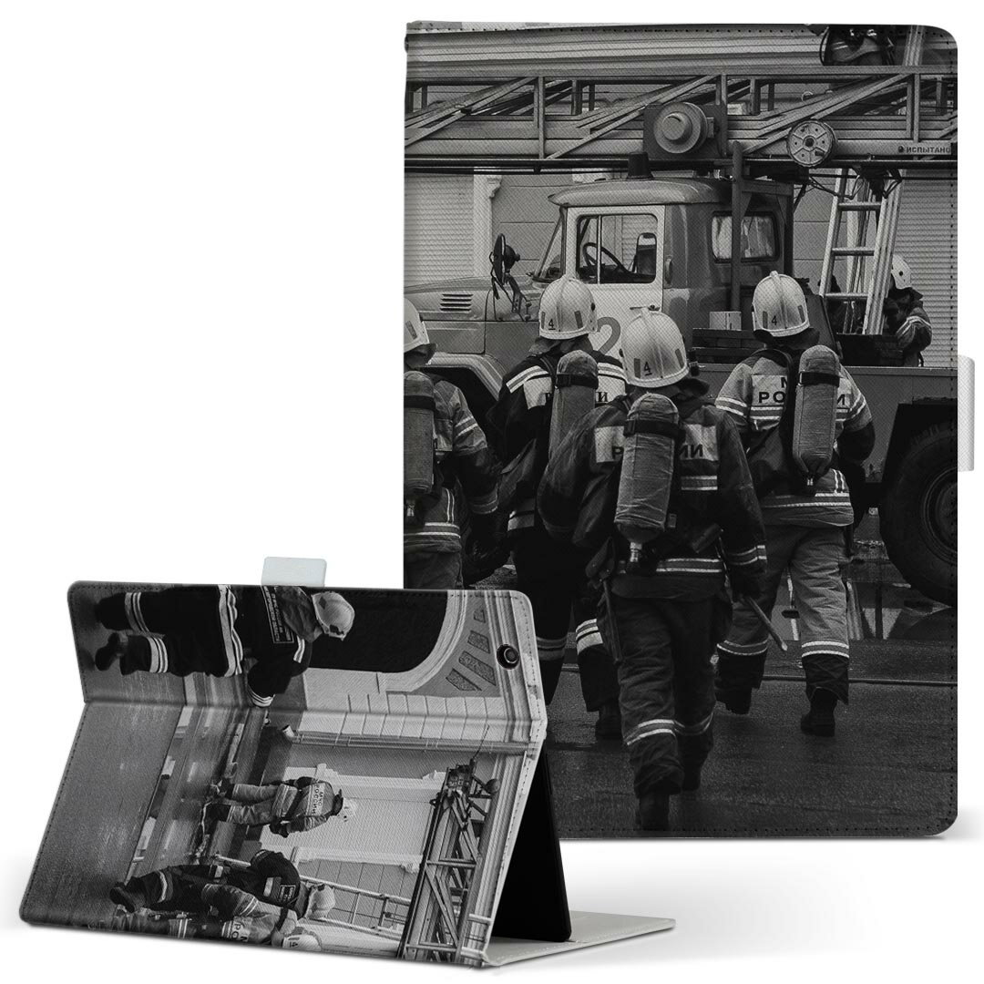 Lenovo Tab B10 HD (2nd Gen) 用 タブレットケース Lサイズ 手帳型 タブレットケース カバー 全機種対応有り レザー フリップ ダイアリー 二つ折り 革 023128 モノクロ　消防　写真(2.0)